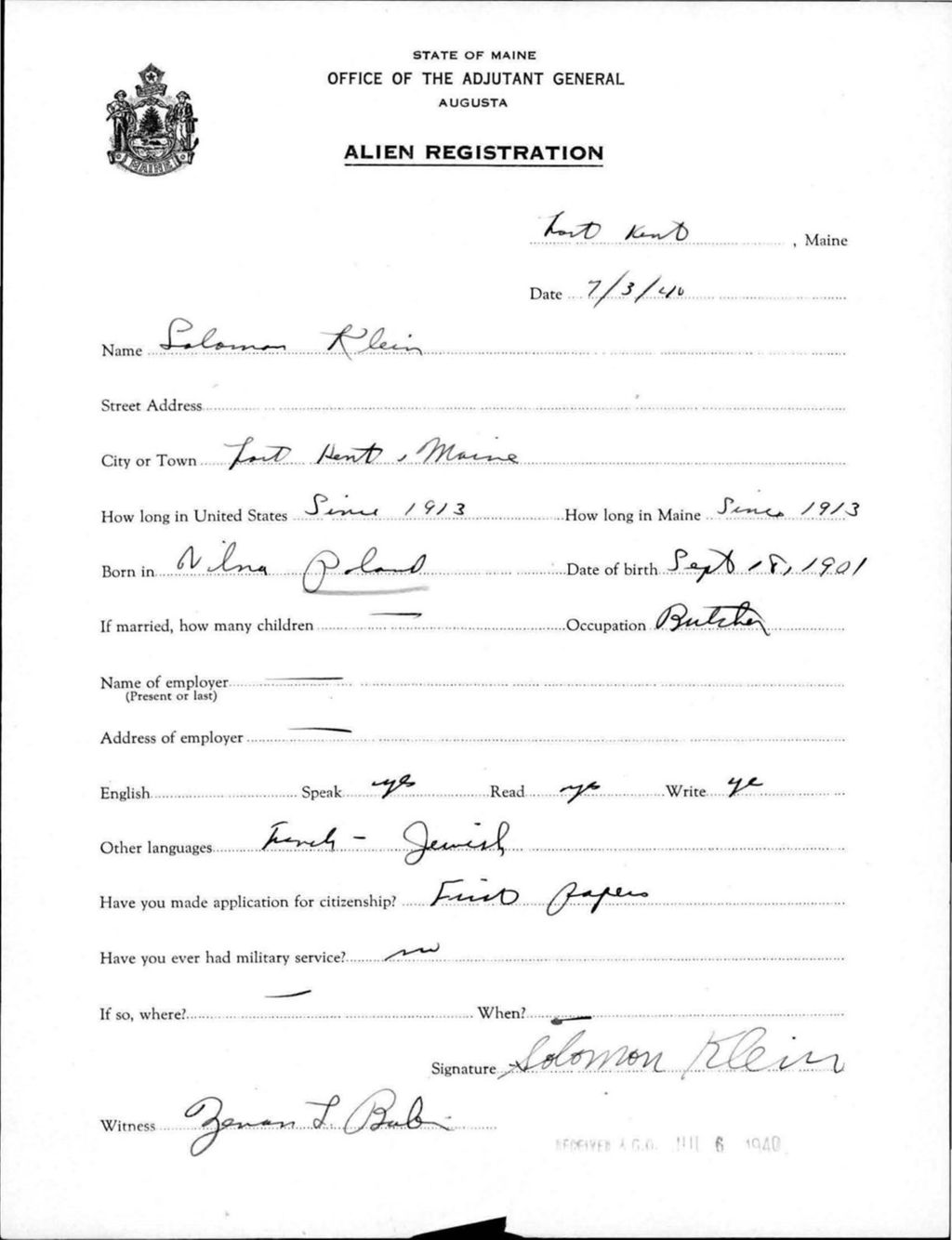 Miniature of Alien Registration- Klein, Solomon (Fort Kent, Aroostook County)