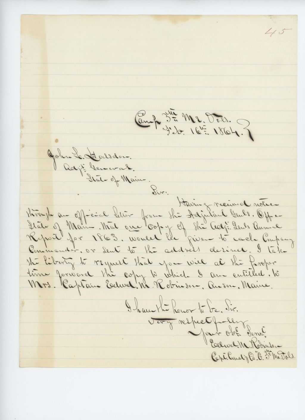 Miniature of Captain Robinson requests a copy of the 1863 annual report