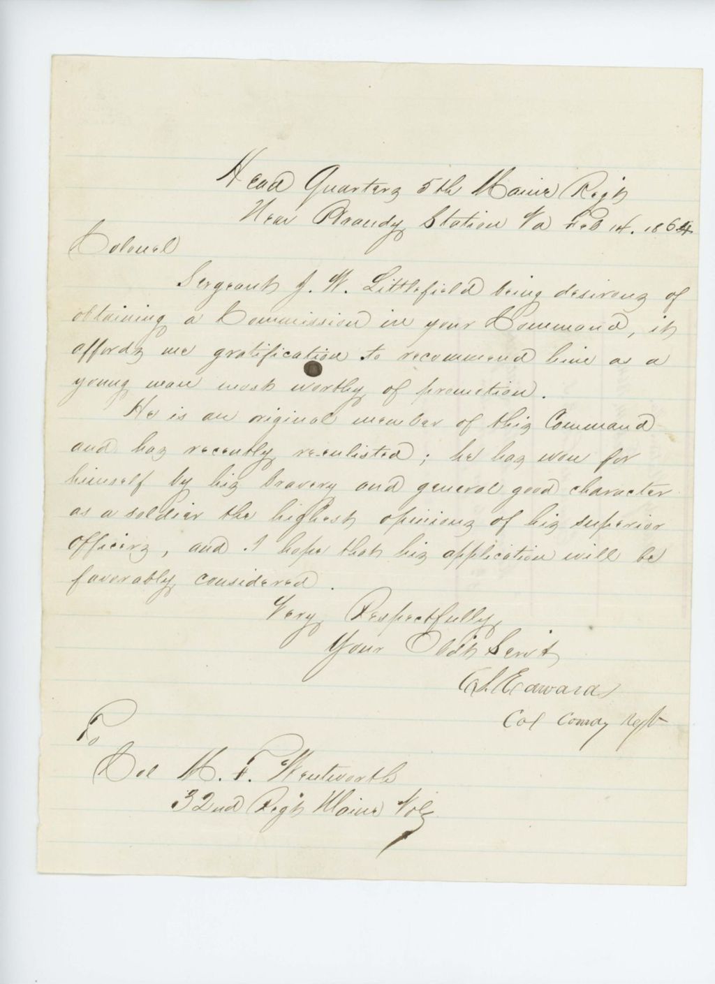 Miniature of Colonel Edwards recommends Sergeant Littlefield for promotion