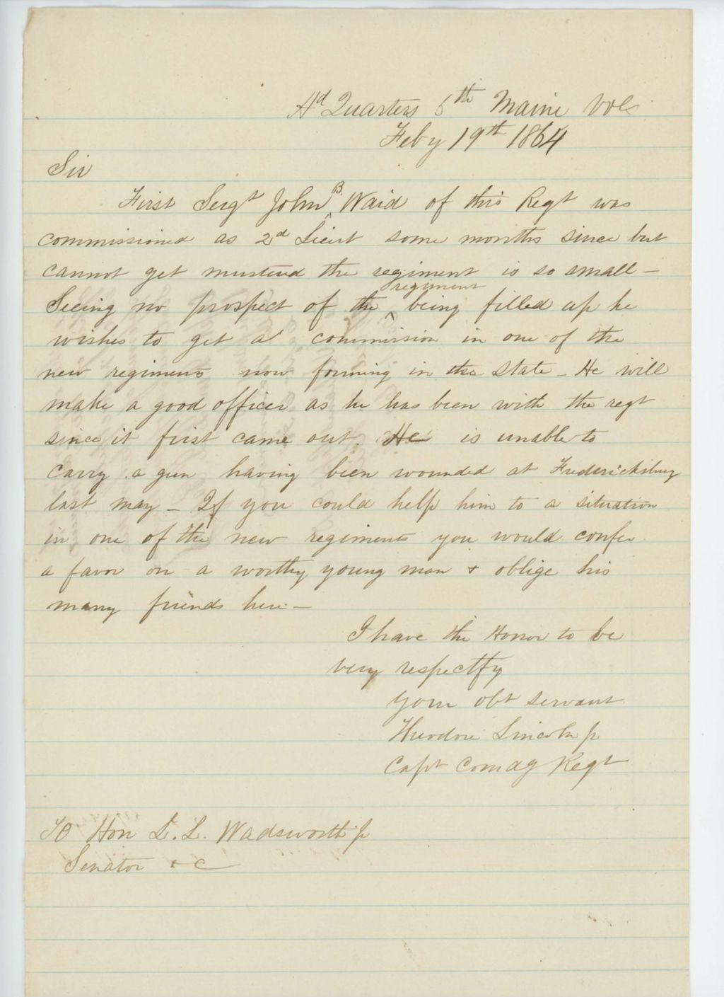 Miniature of Captain Lincoln recommends Sergeant John B. Ward for commission in a new regiment