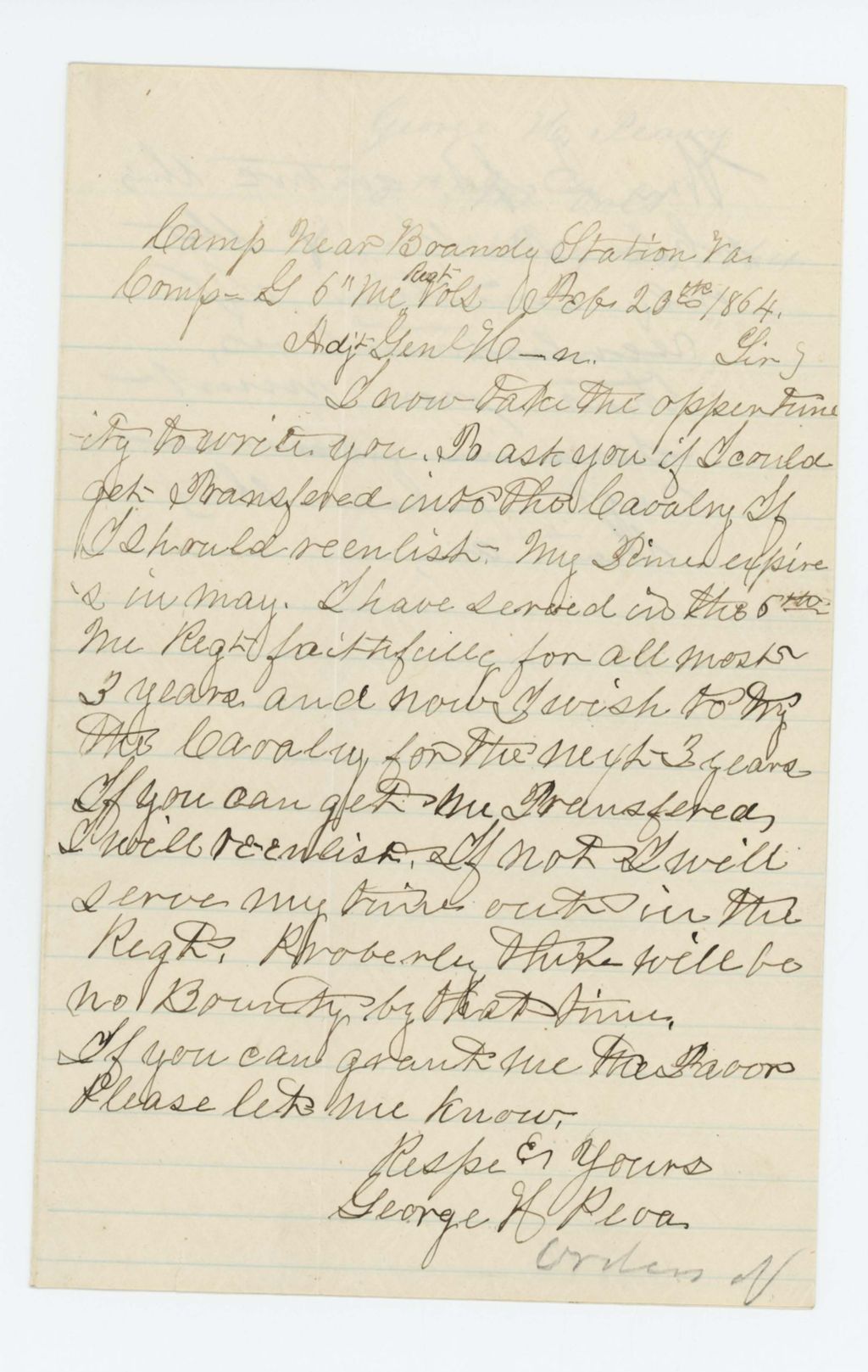 Miniature of George H. Peavy requests a transfer to the cavalry if he re-enlists