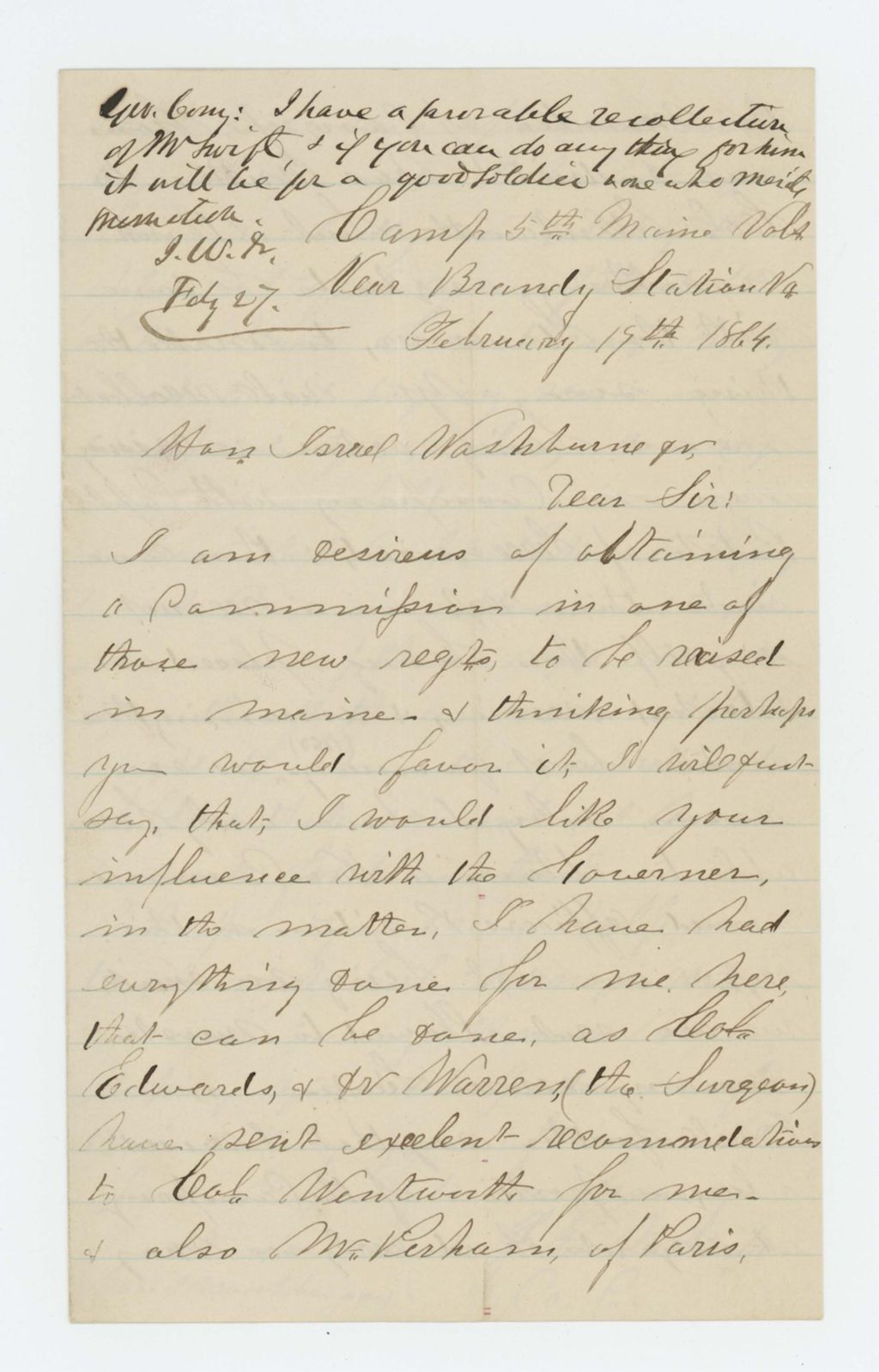 Miniature of J.M. Swift requests a recommendation for promotion from Israel Washburn, Jr.