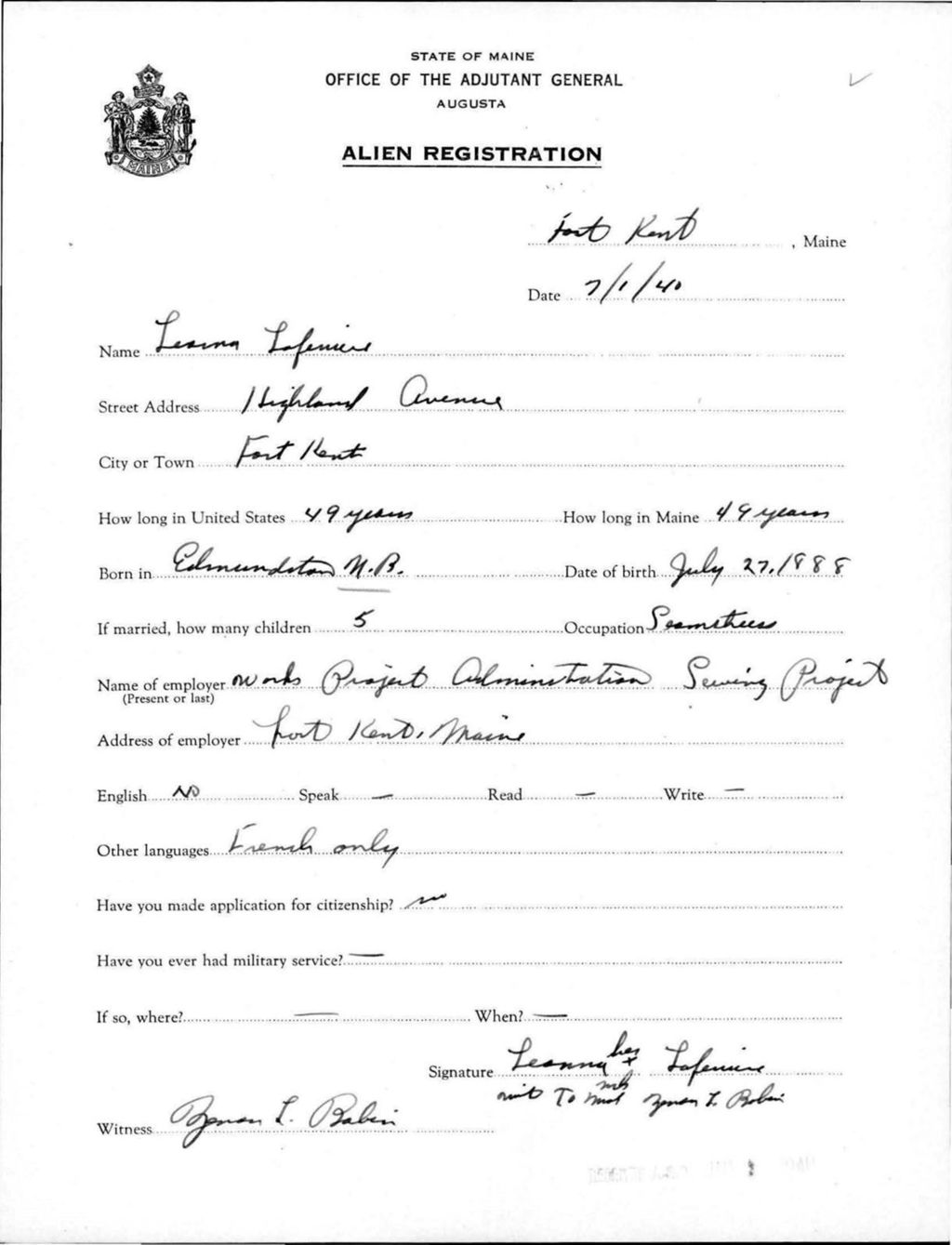 Miniature of Alien Registration- Laferiere, Leonna (Fort Kent, Aroostook County)