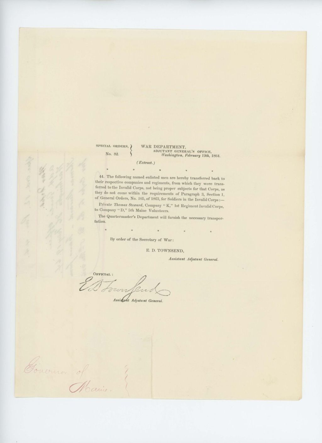 Miniature of Special Order 82 transferring Thomas Steward back to his regiment from the Invalid Corps
