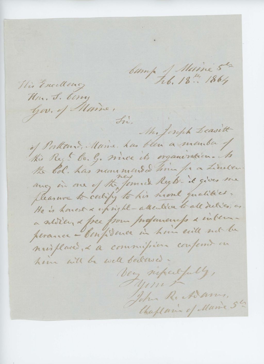 Miniature of Chaplain John R. Adams recommends Joseph Leavitt for lieutenant's position