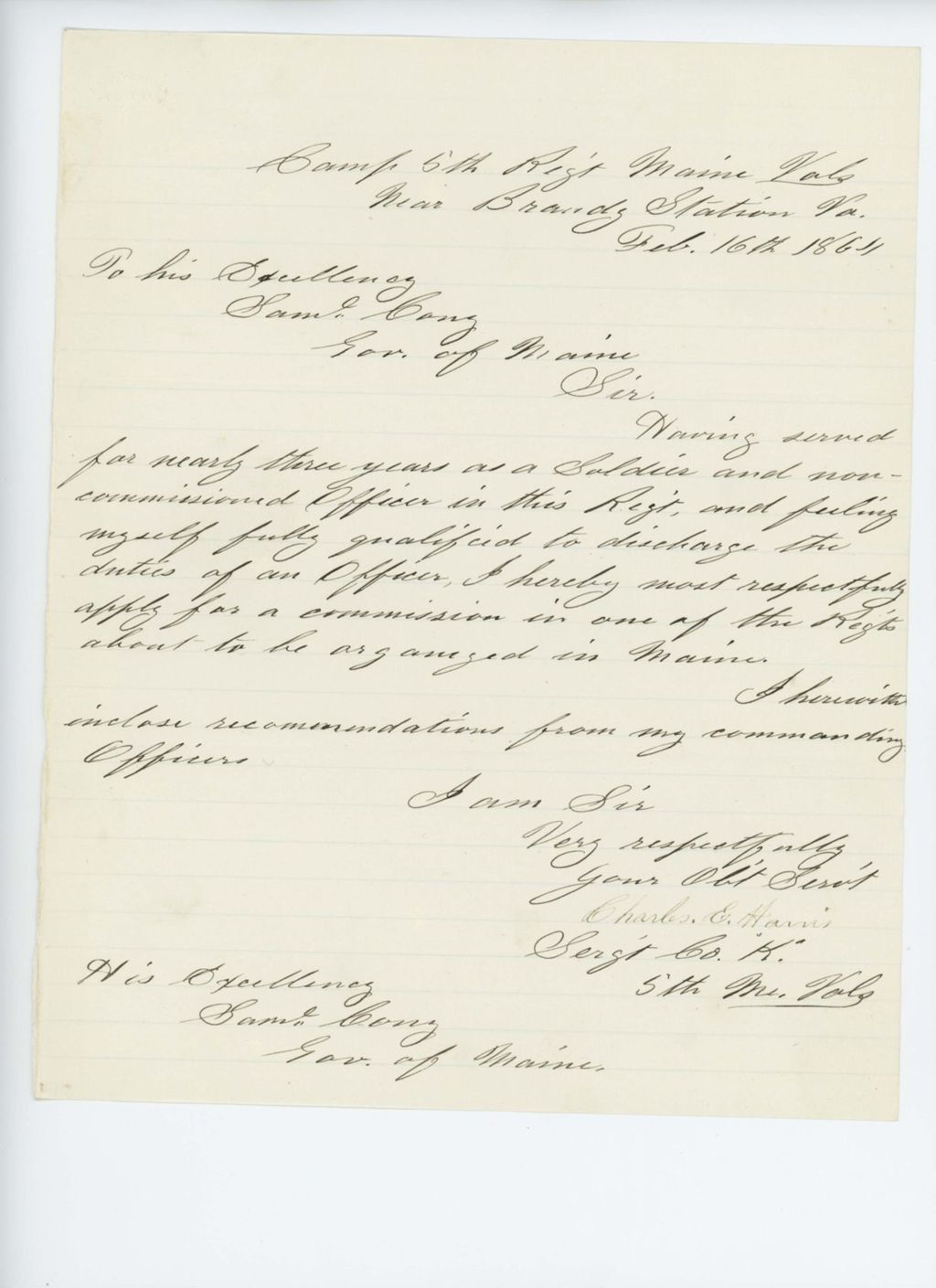 Miniature of Sergeant Charles Harris applies for a commission in a new regiment
