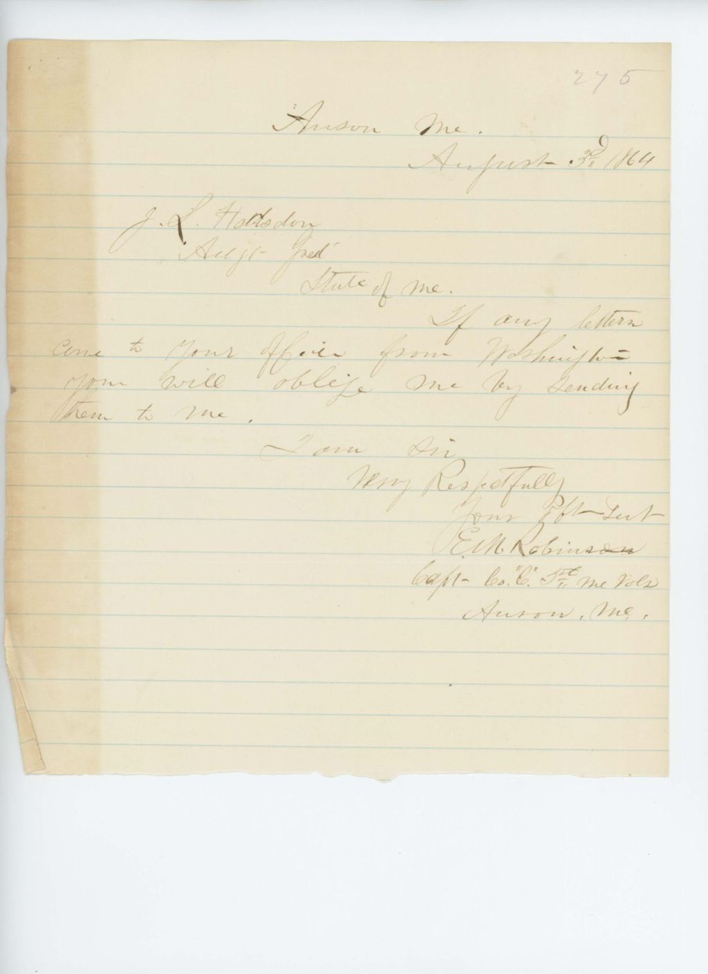 Miniature of Captain E.M. Robinson, Company C, requests forwarding of letters from Washington, D.C.