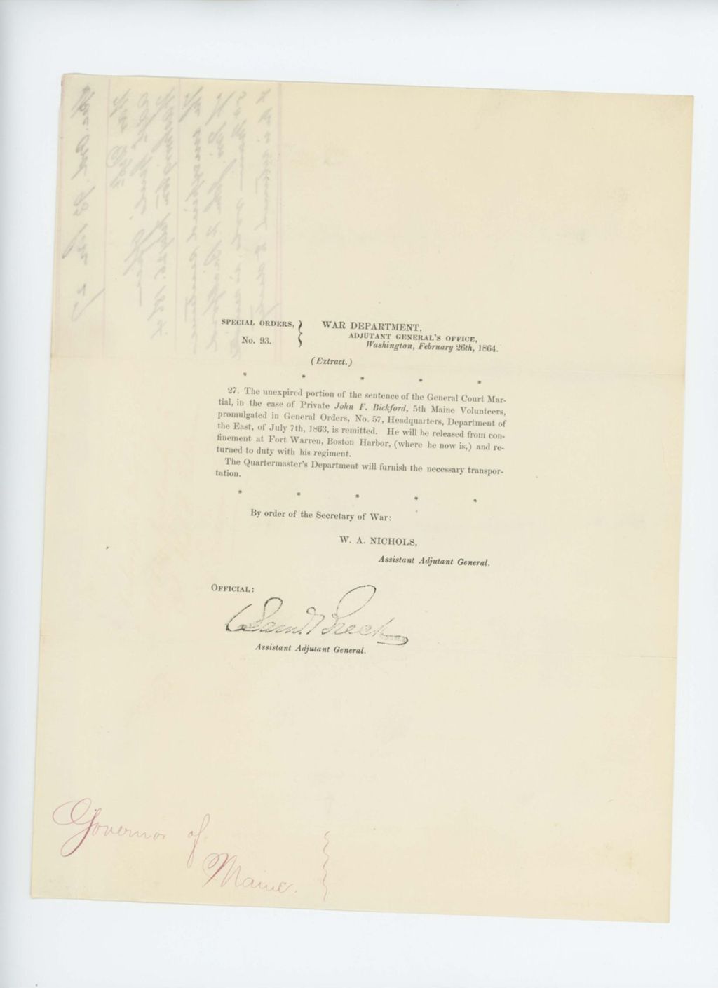 Miniature of Special Order 93 releasing John F. Bickford from prison to return to duty