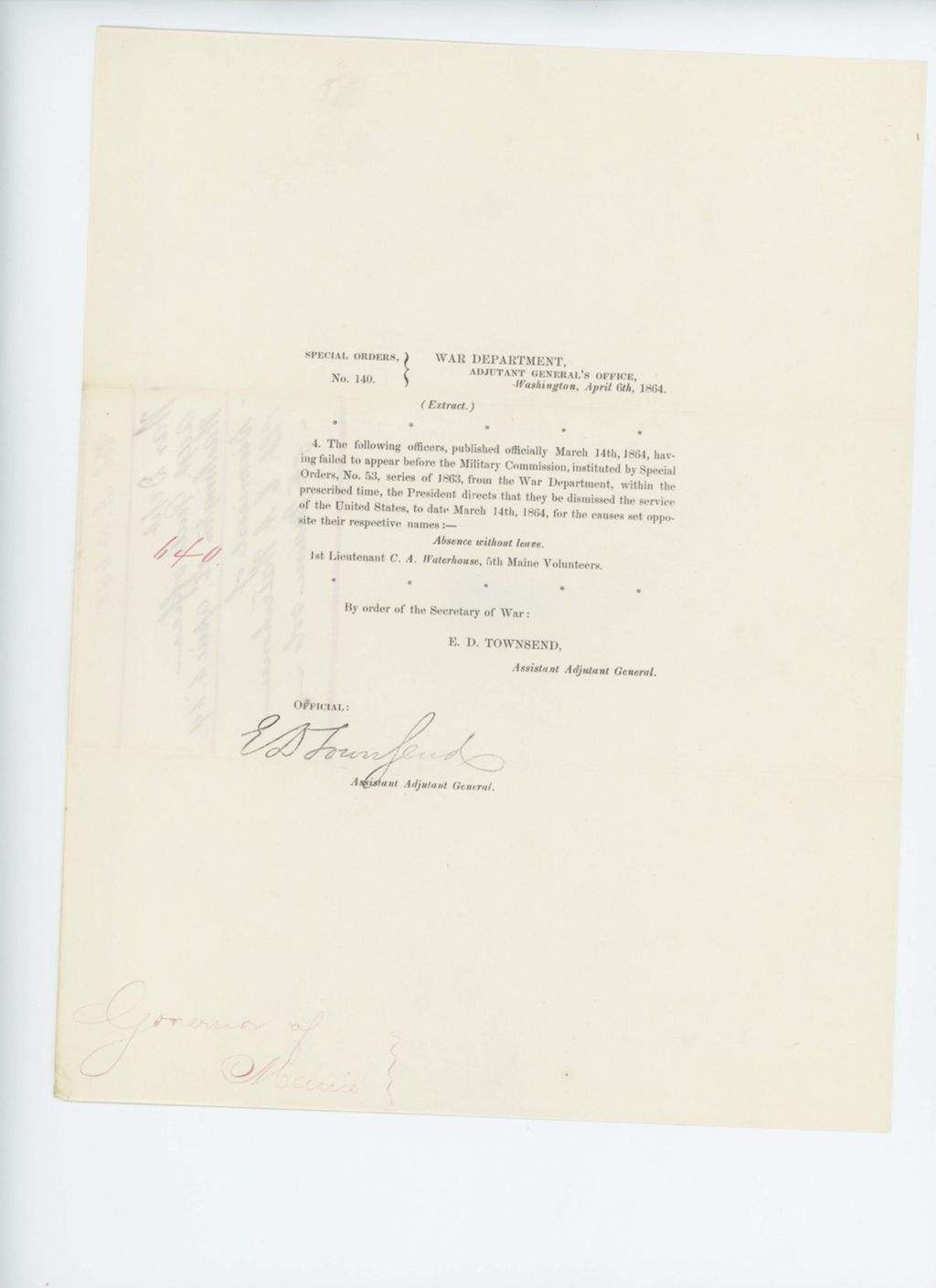 Miniature of Special Order 140 dismissing Lieutenant C.A. Waterhouse for absence without leave