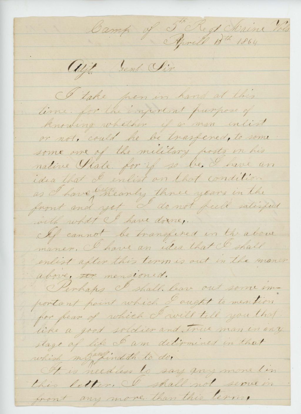 Miniature of James W. Adams inquires about a transfer to a new regiment
