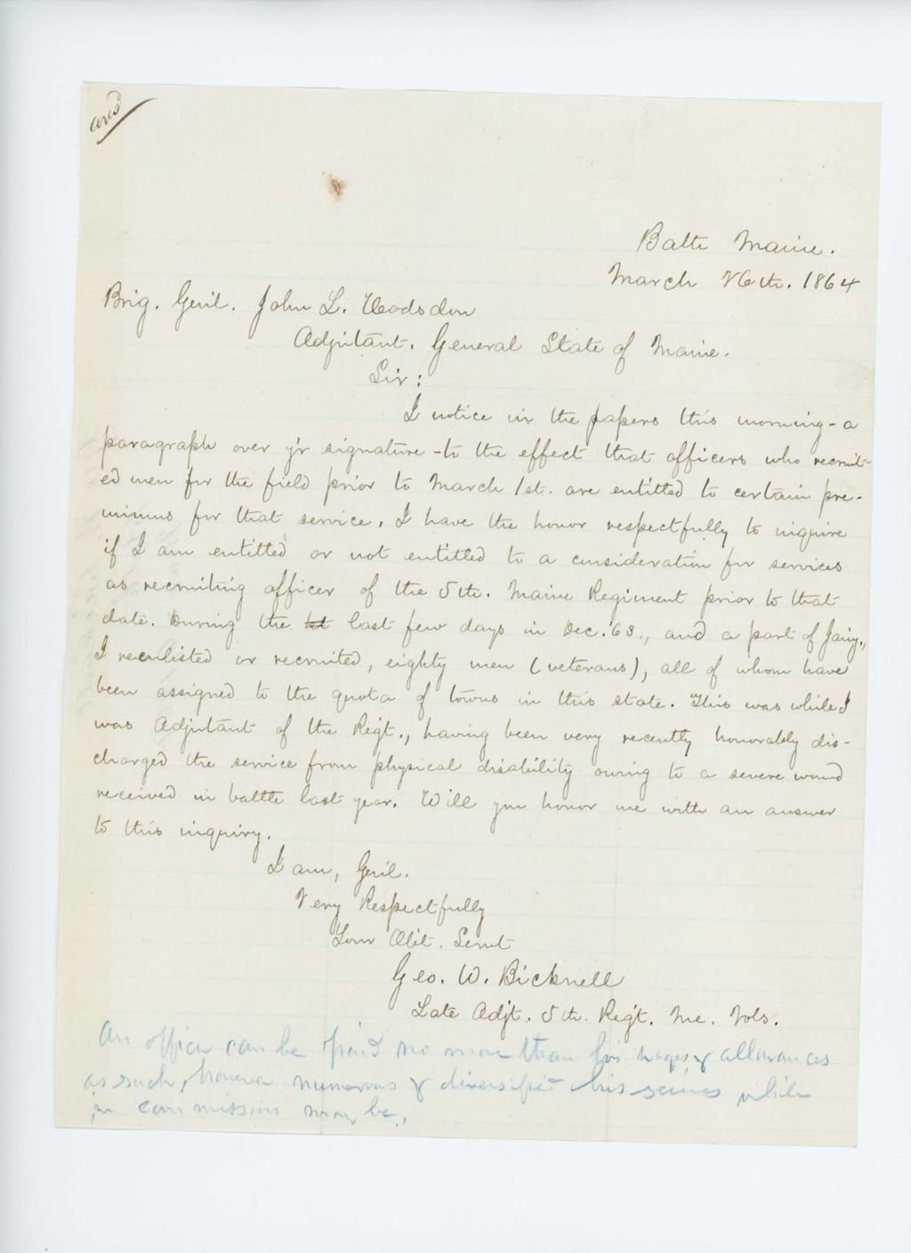 Miniature of George Bicknell inquires if he is entitled to more pay for recruiting