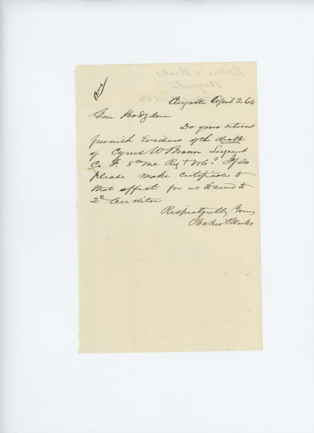 Miniature of Baker & Weeks inquire about proof of service for Cyrus W. Brown