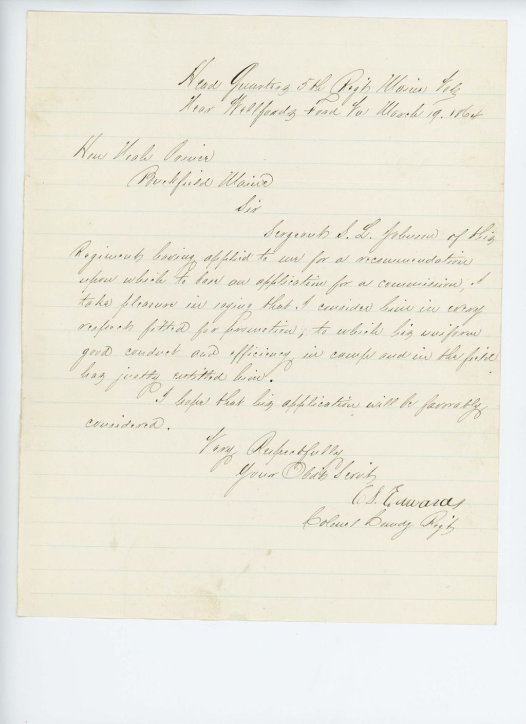 Miniature of Colonel Edwards recommends Sergeant S.L. Johnson for promotion