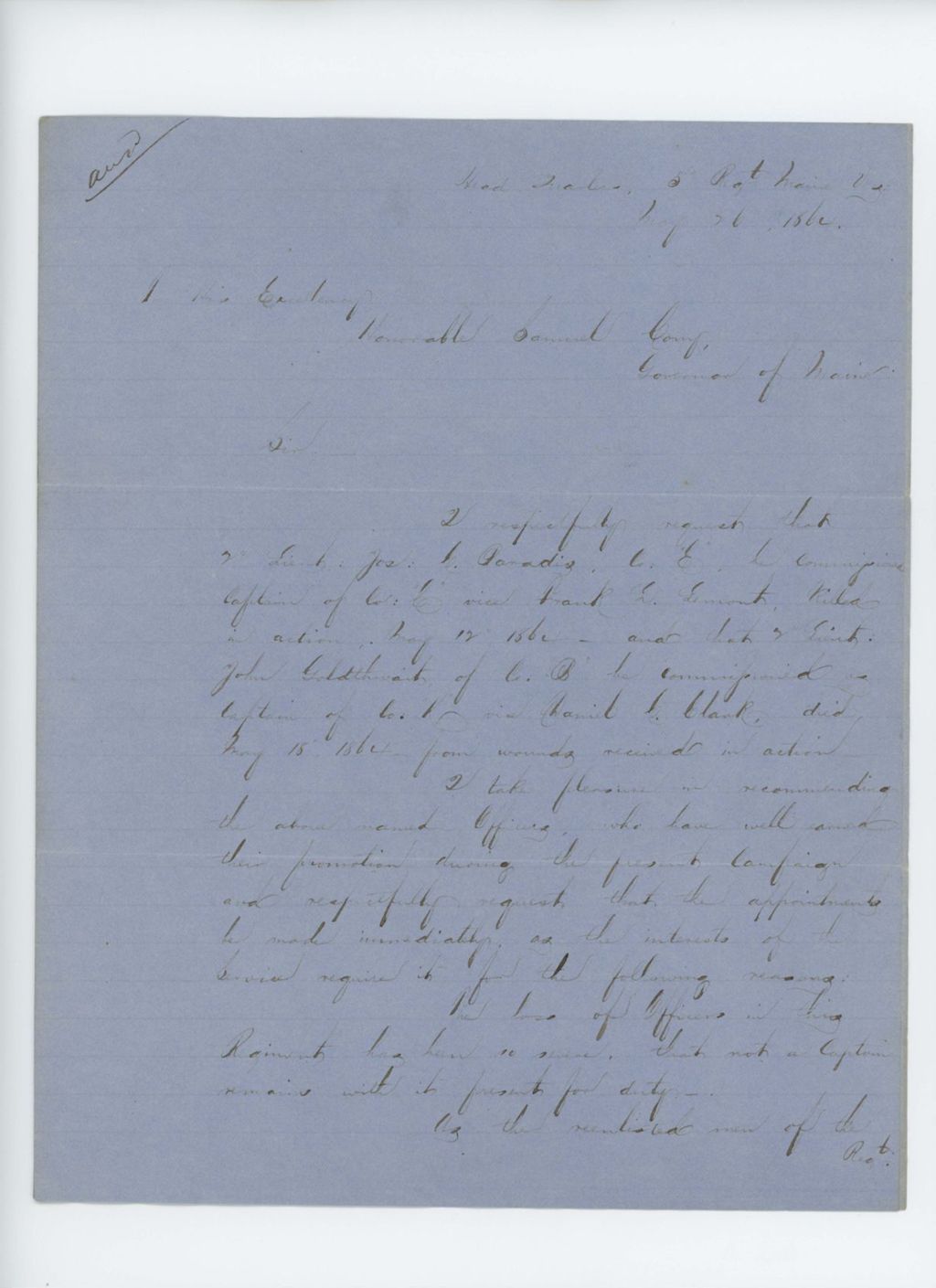 Miniature of Colonel C.S. Edwards recommends Joseph C. Paradis and John Goldthwait for promotions