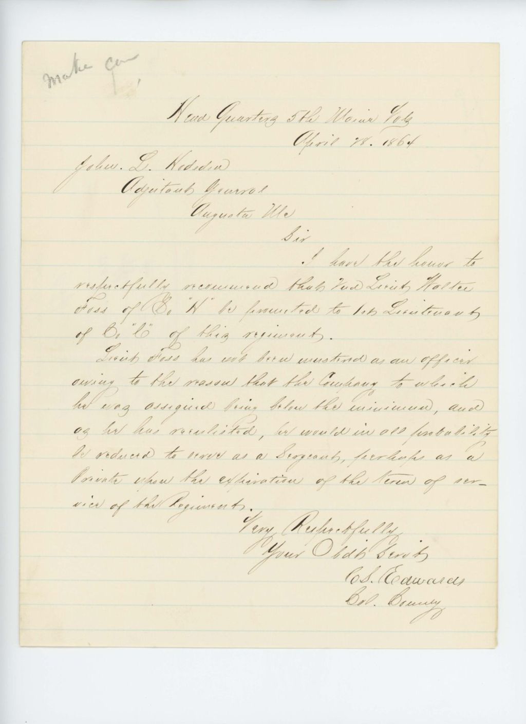 Miniature of Colonel Edwards recommends Walter Foss of Company H for promotion