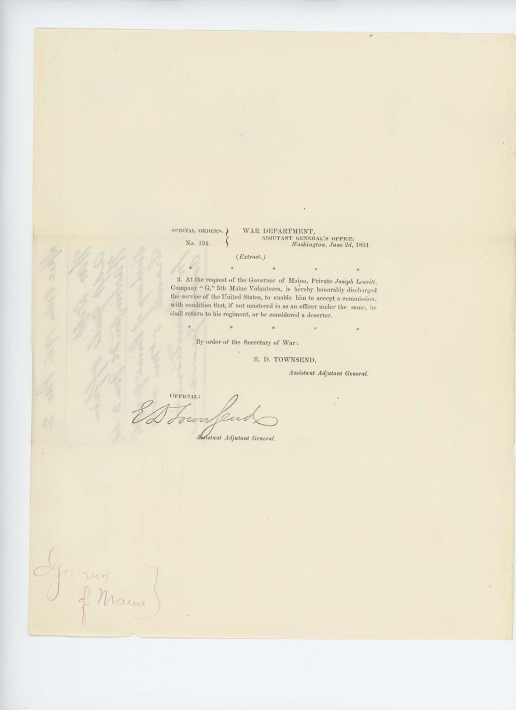 Miniature of Special Order 194 honorably discharging Private Joseph Leavitt for a commission in a new regiment