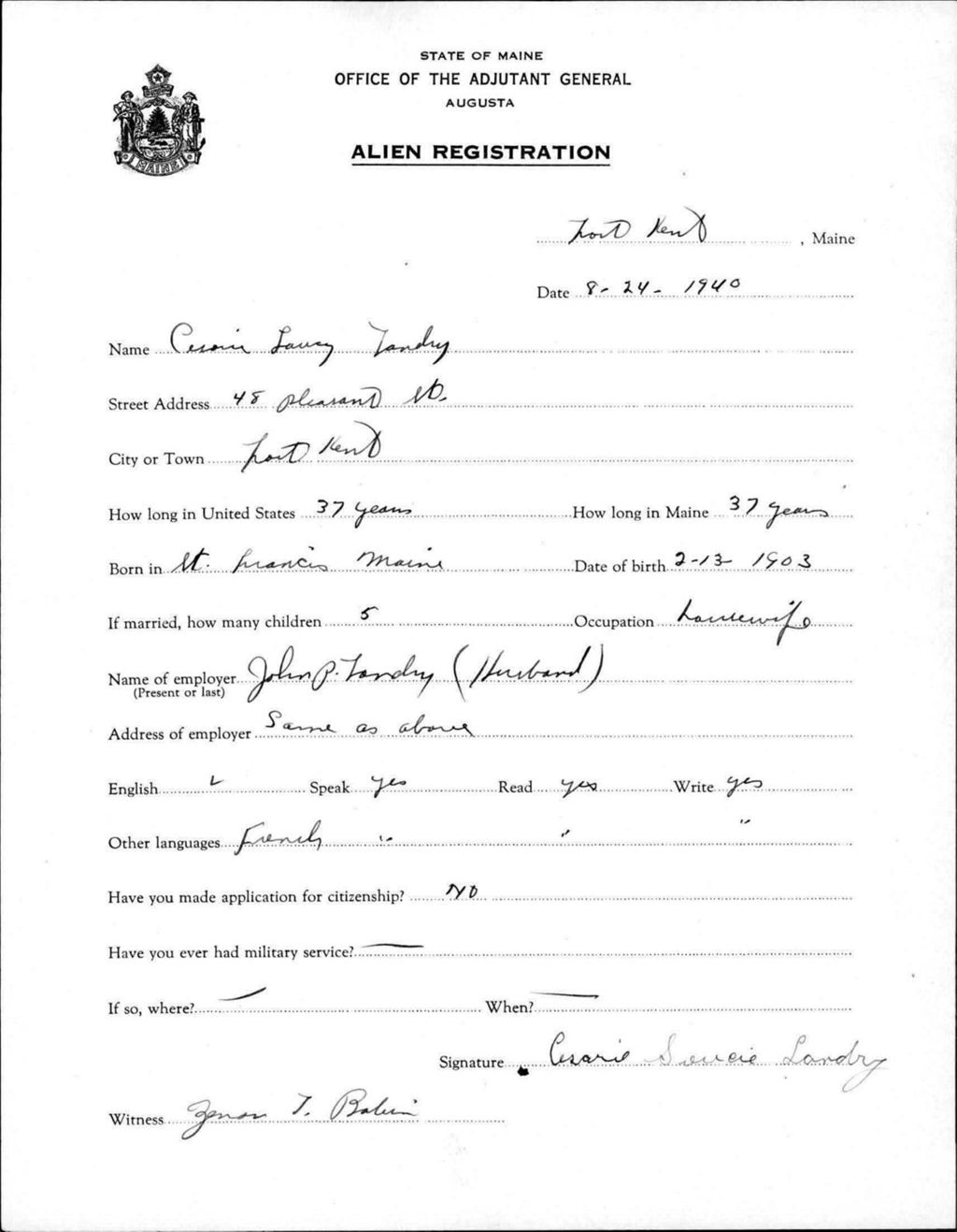 Miniature of Alien Registration- Landry, C L. (Fort Kent, Aroostook County)