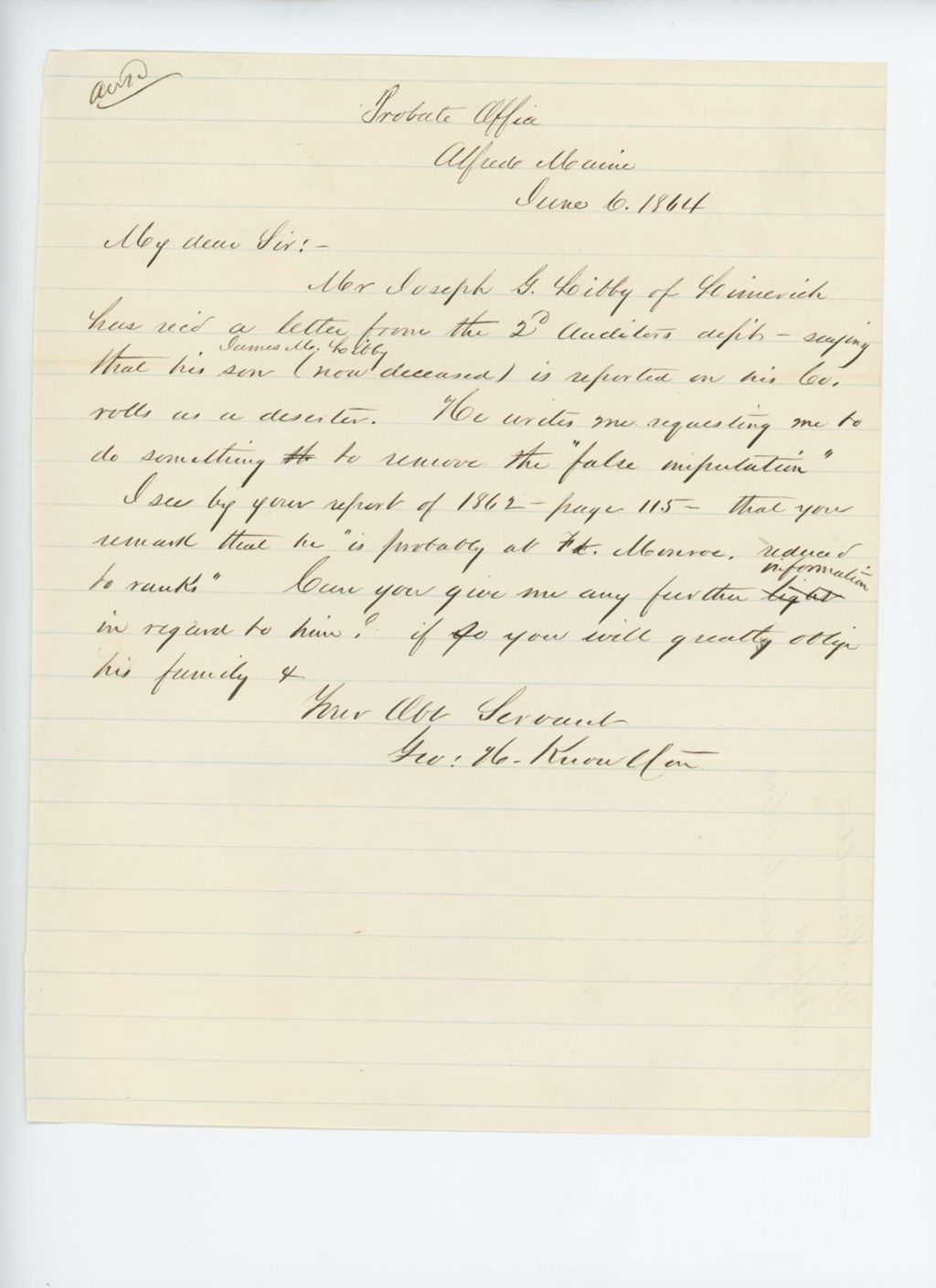 Miniature of George H. Knowlton requests information about the late James M. Libby