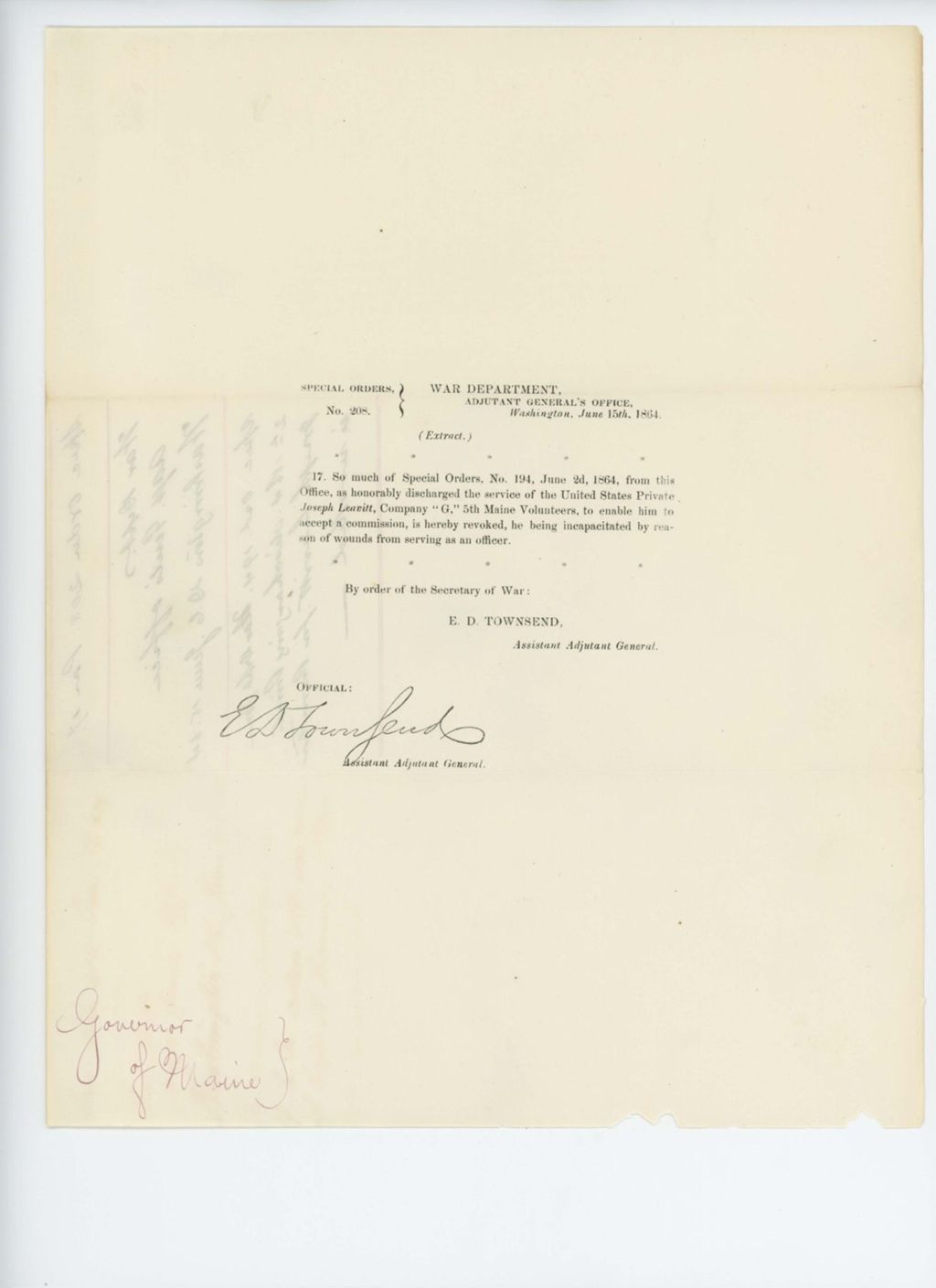 Miniature of Special Order 208 revoking Order 194 regarding Joseph Leavitt