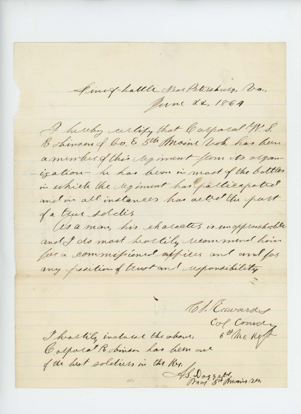Miniature of Colonel Edwards recommends Corporal W.S. Robinson of Company E