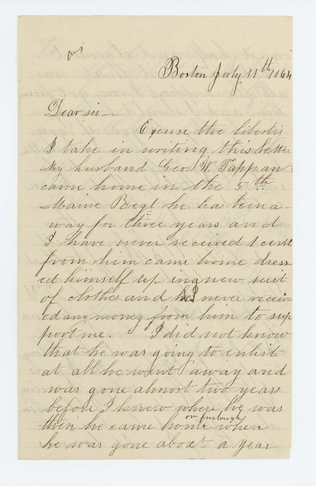 Miniature of Mrs. George Tappan requests aid for herself and children as her husband deserted her