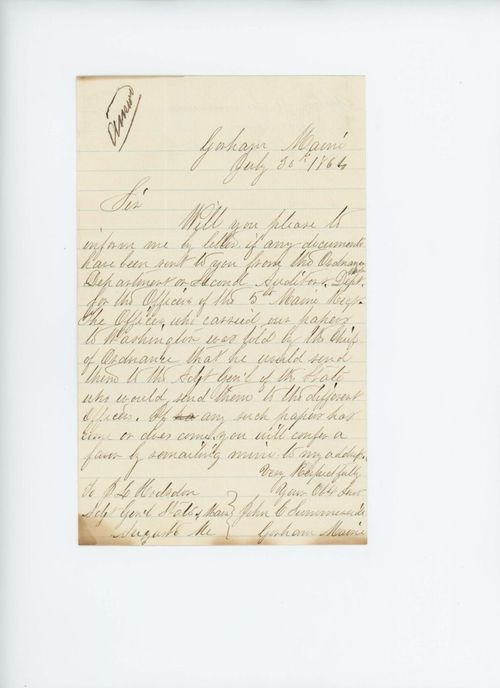 Miniature of John Summerside inquires about documents from the Ordnance Department