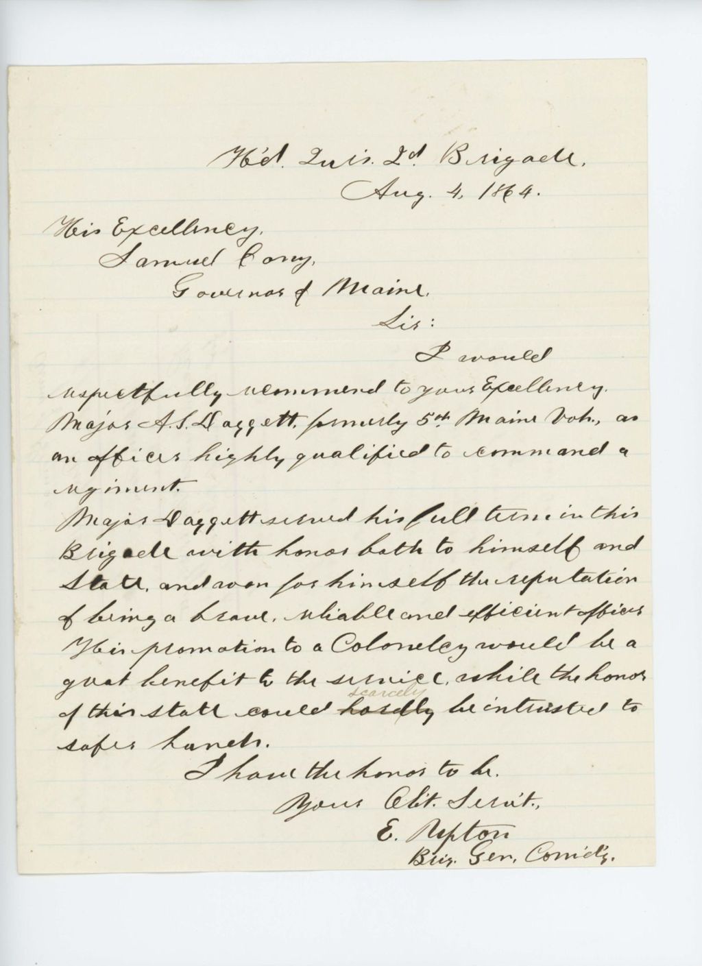 Miniature of Brigadier General Emory Upton recommends Major A.S. Daggett for command of a regiment