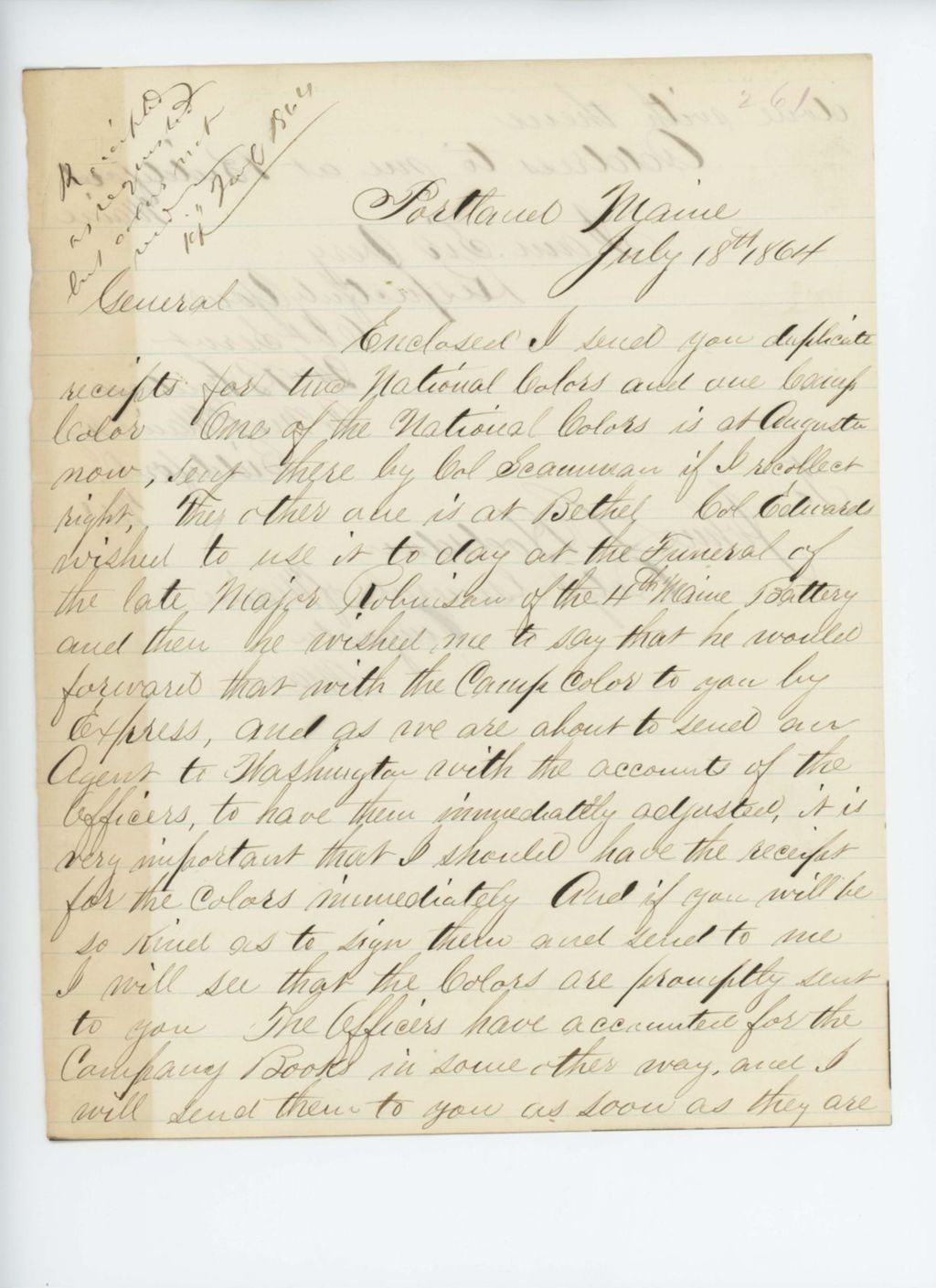 Miniature of Quarter Master Fenderson sends receipts for the two national flags and one camp flag