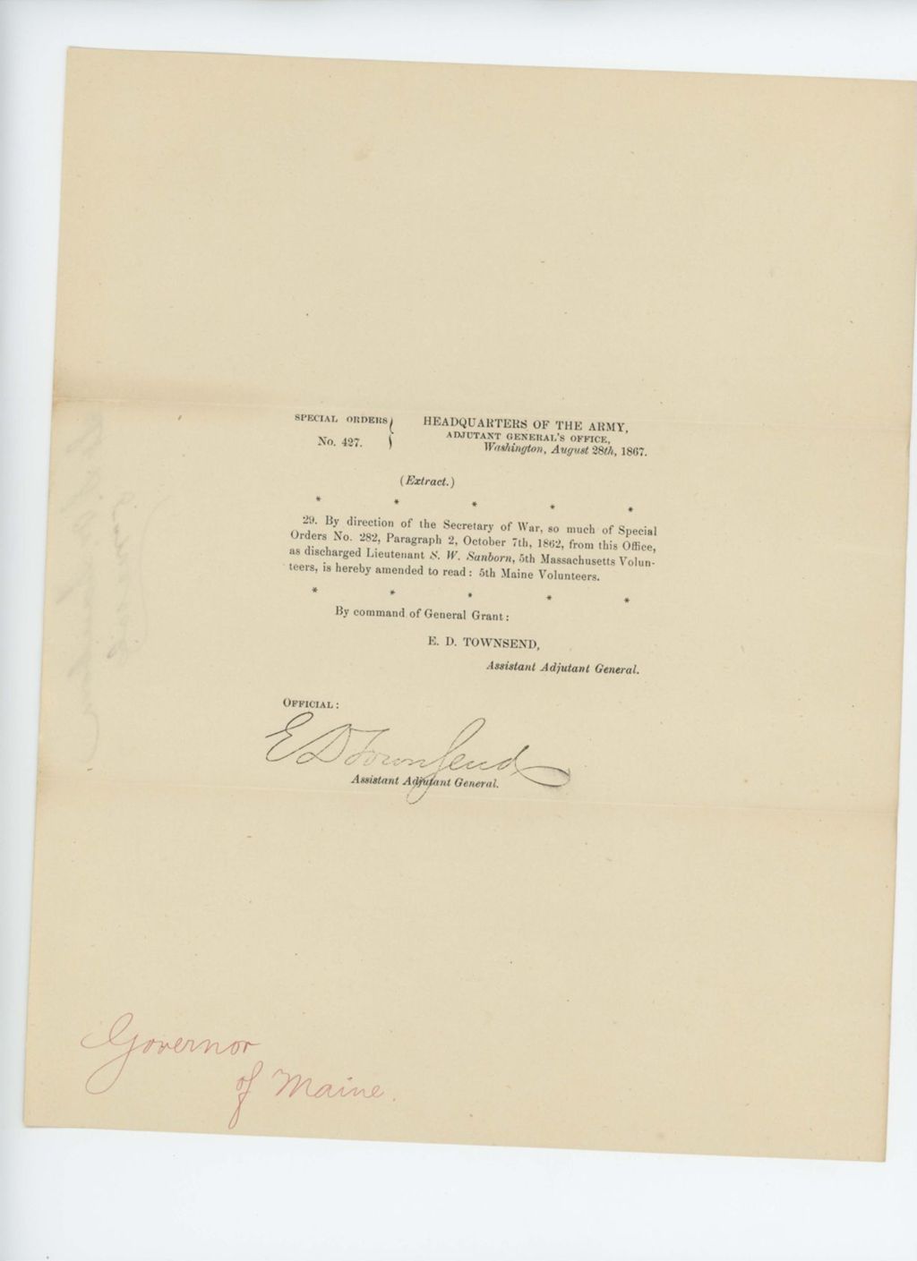 Miniature of Special Order 427 amending Order 282 regarding Lieutenant S.W. Sanborn