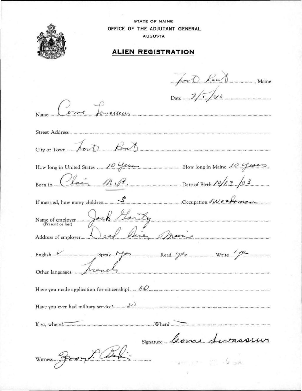 Miniature of Alien Registration- Levasseur, Come (Fort Kent, Aroostook County)