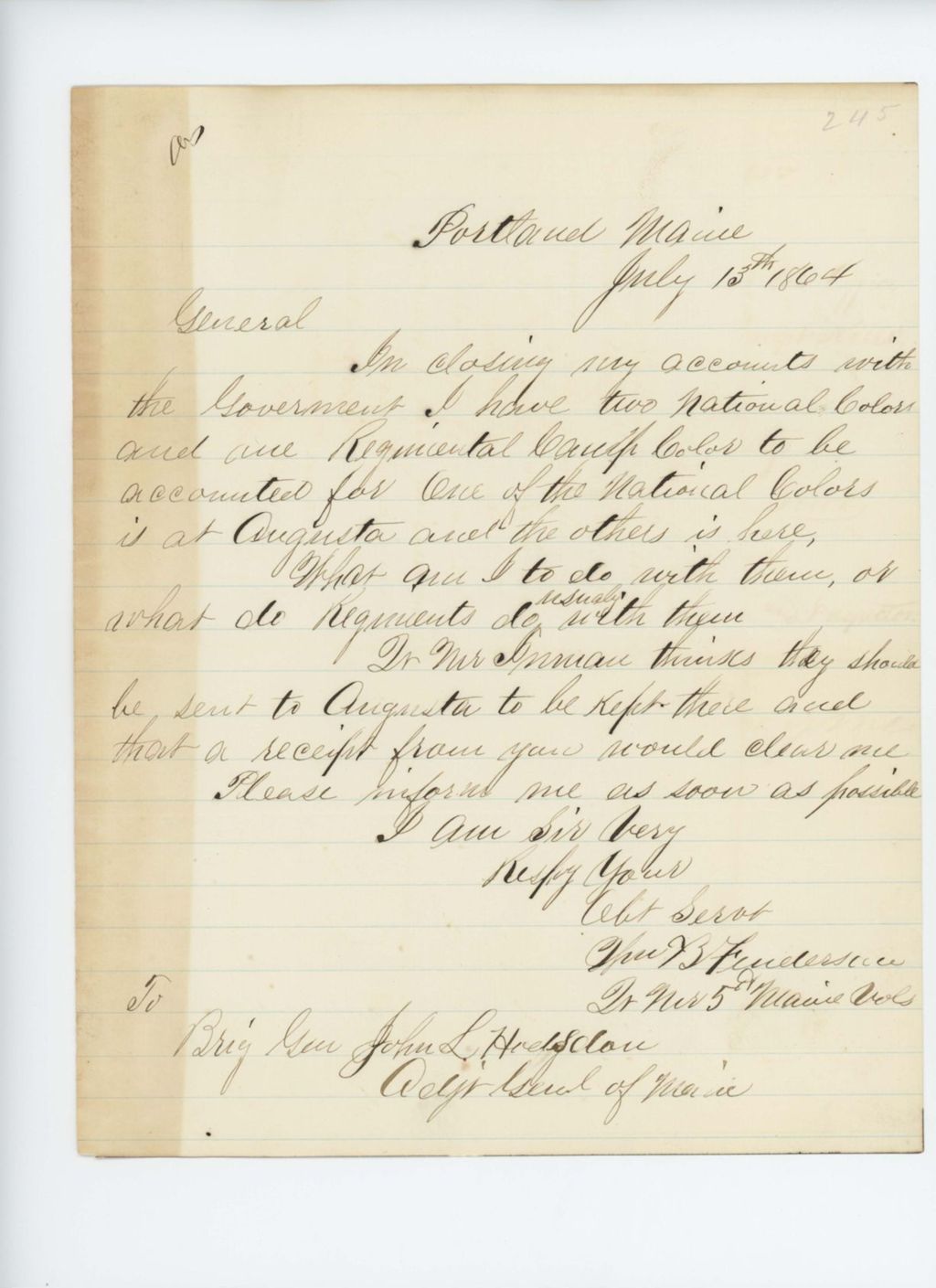 Miniature of Quarter Master William B. Fenderson asks what to do with the camp colors (flags)