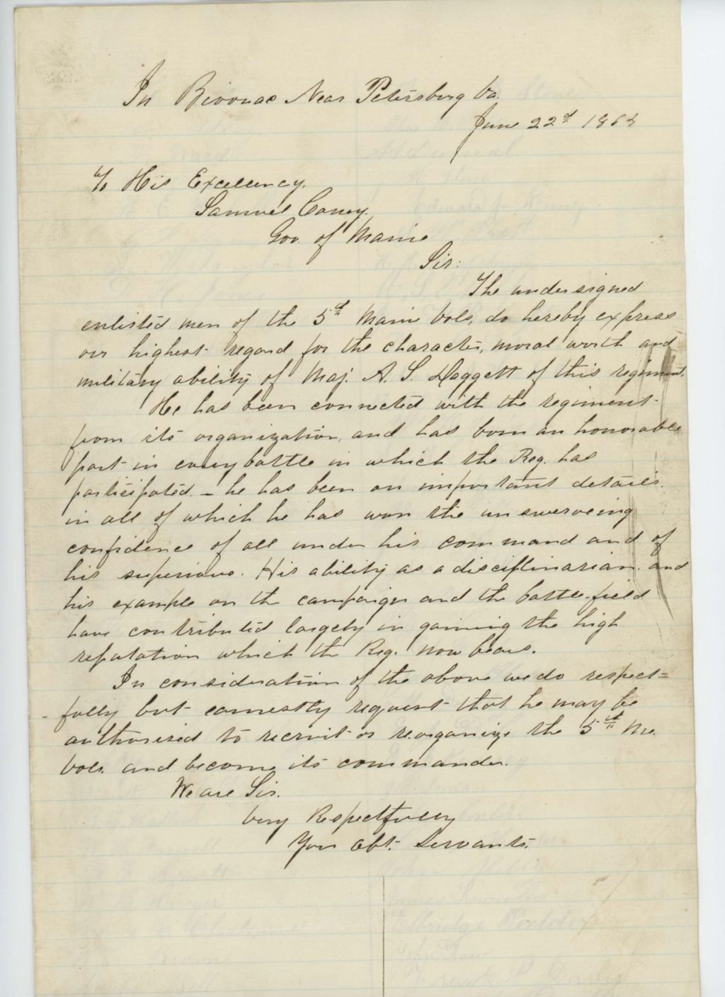 Miniature of Thomas B. Stone and other enlisted men request that Major Daggett be commander of the regiment