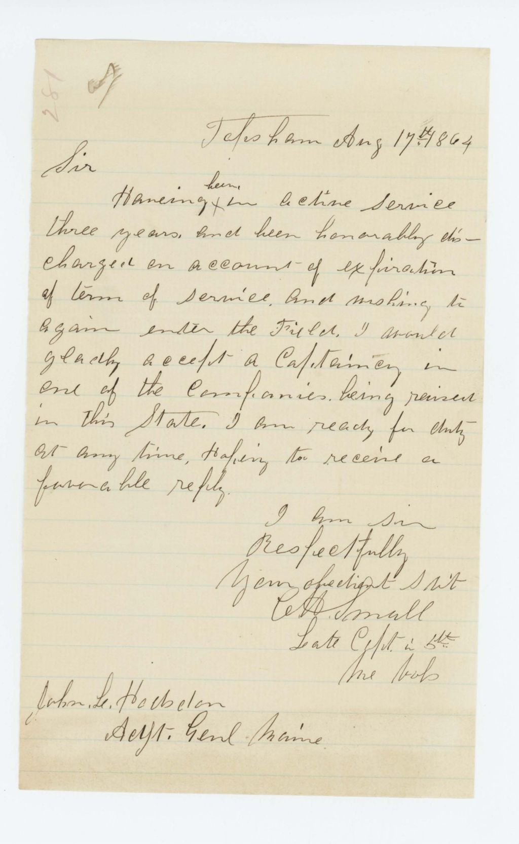 Miniature of Captain Small requests to re-enter the service
