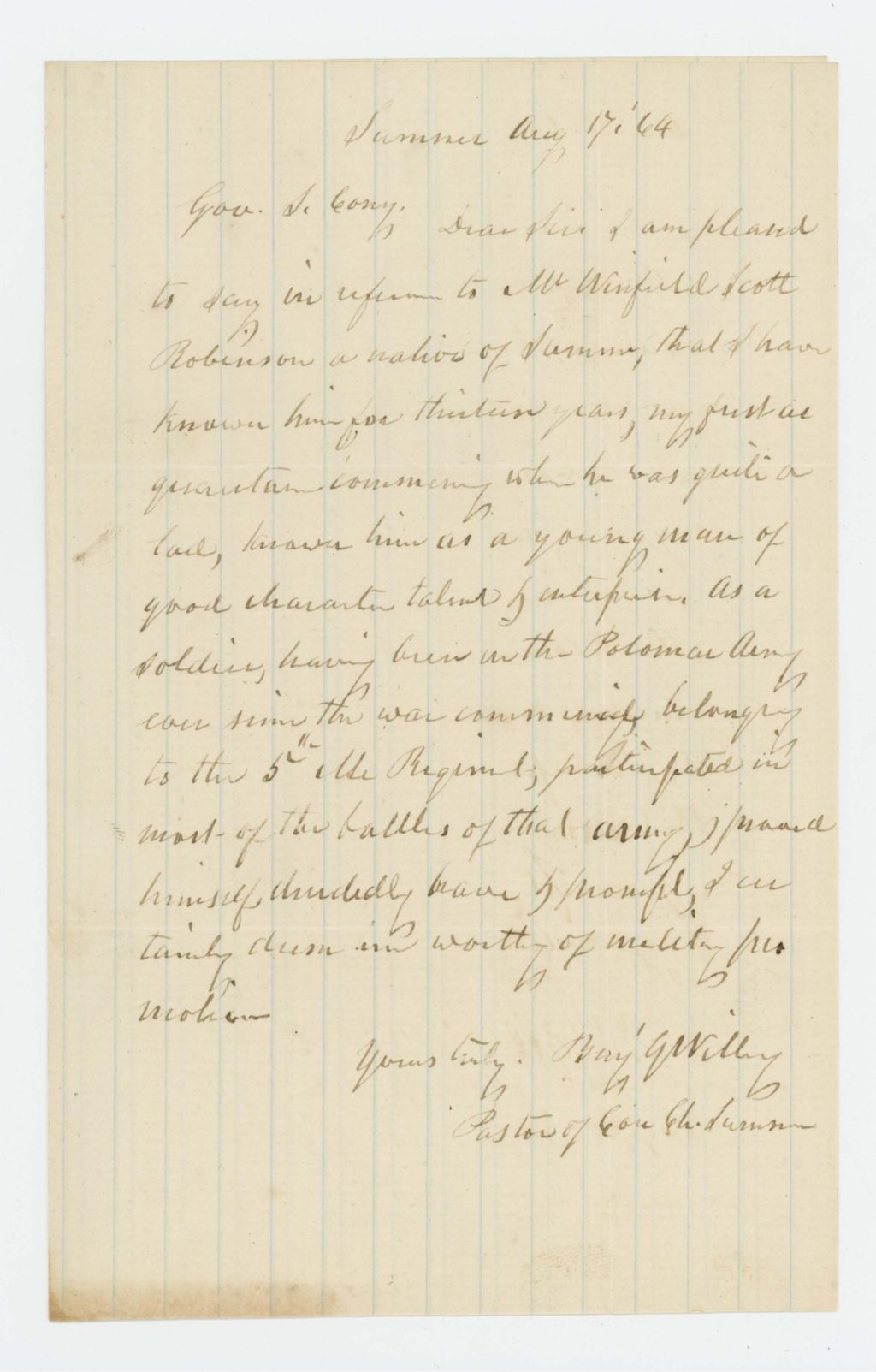 Miniature of Reverend Benjamin Willey of Sumner recommends Winfield Scott Robinson for promotion
