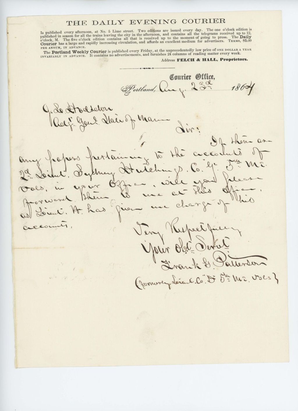 Miniature of Lieutenant Frank G. Patterson, Company D, writes regarding accounts of Lieutenant Sydney Hutchings of Company G