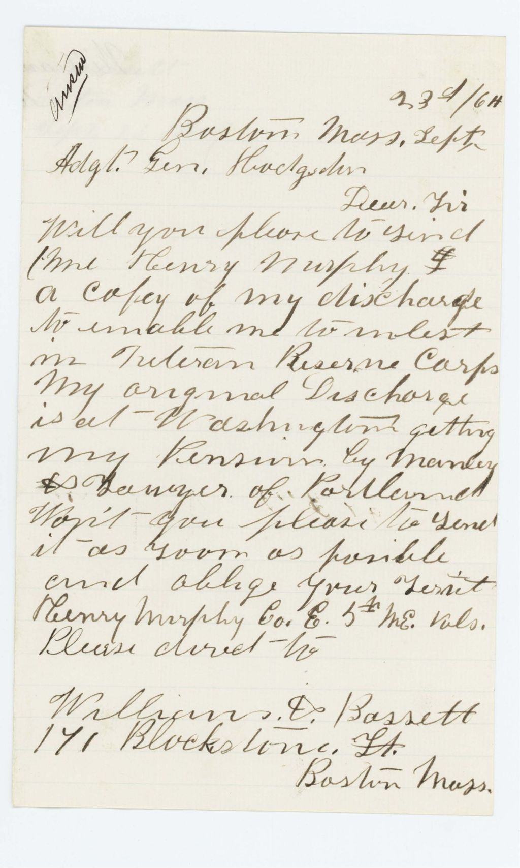 Miniature of Henry Murphy of Company E requests a copy of his discharge papers be sent to William Bassett of Boston