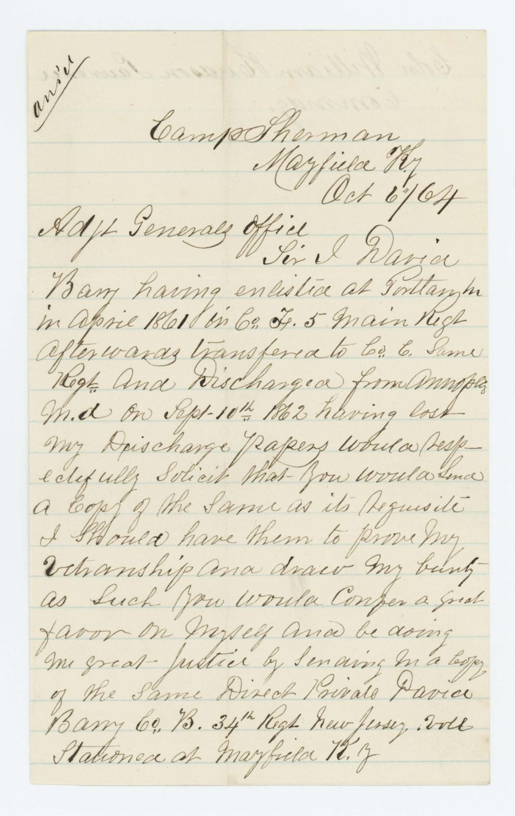 Miniature of Private David Barry, formerly Company F of the 5th Maine Regiment, requests his discharge papers