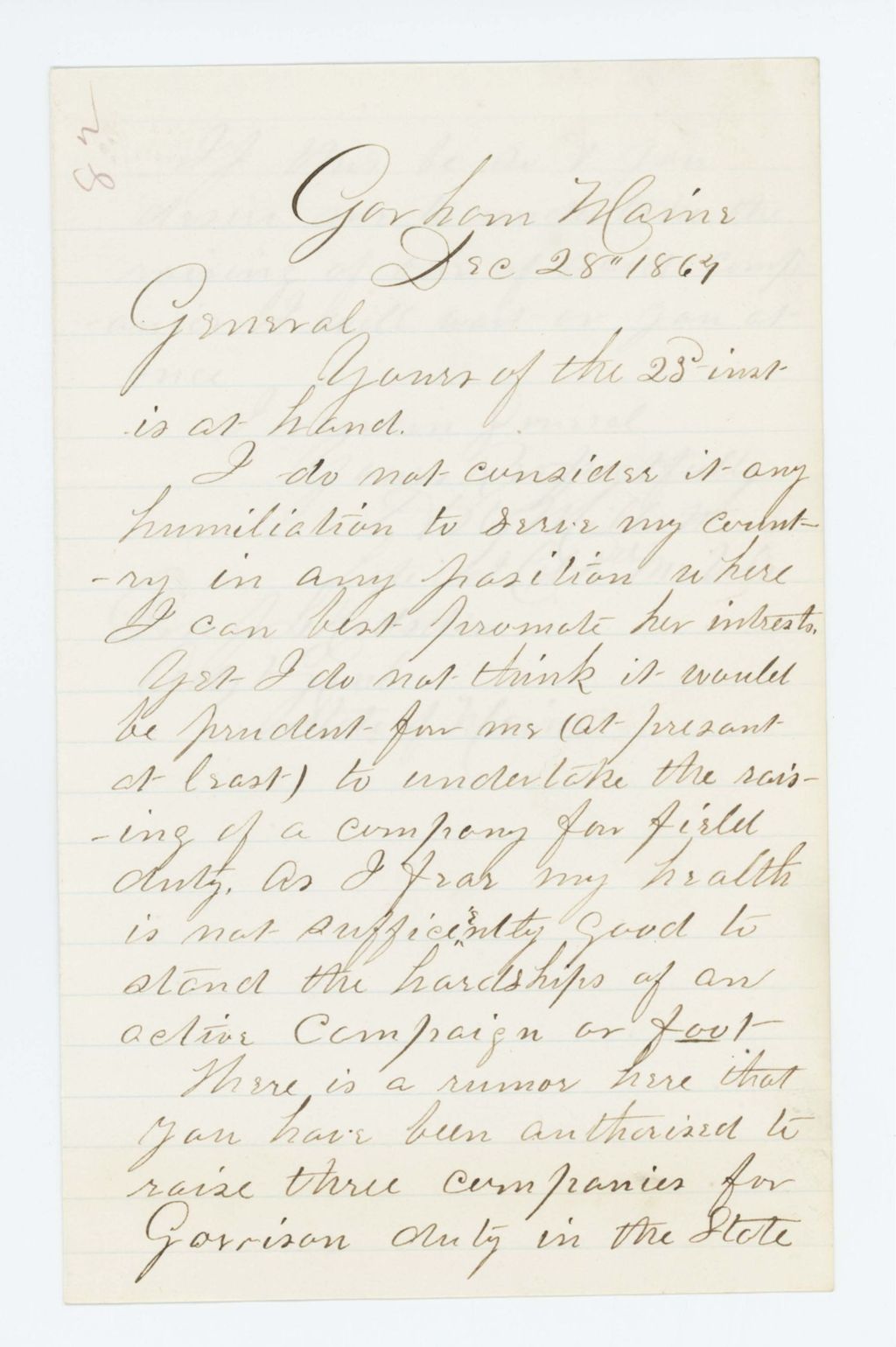 Miniature of Lieutenant Colonel Millett requests authority to raise a new company