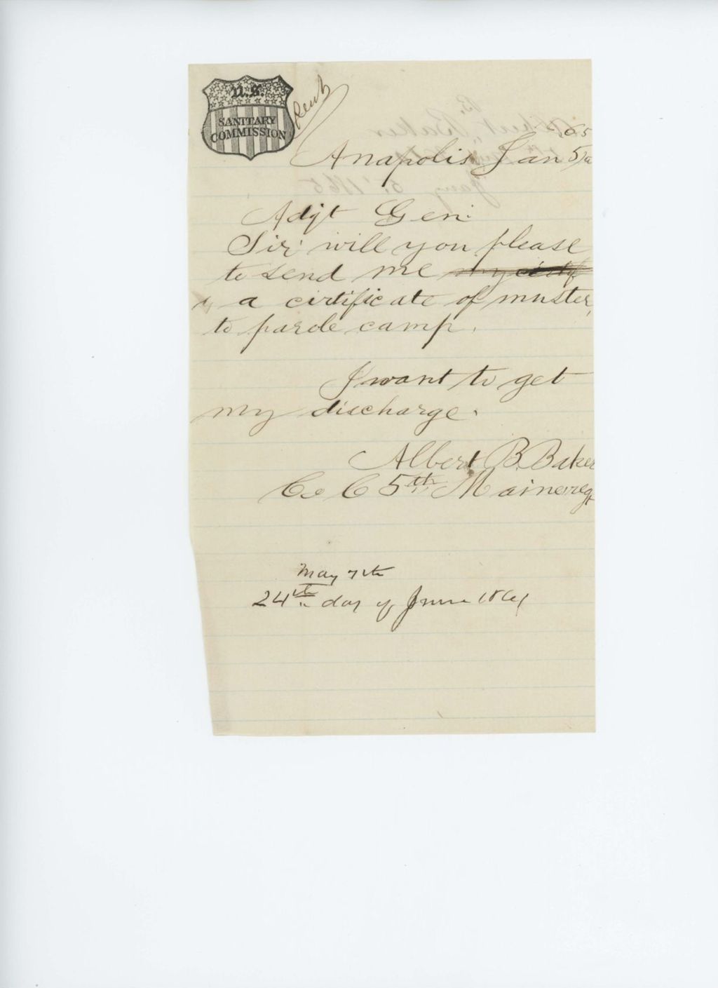 Miniature of Albert Baker of Company C requests his certificate of muster