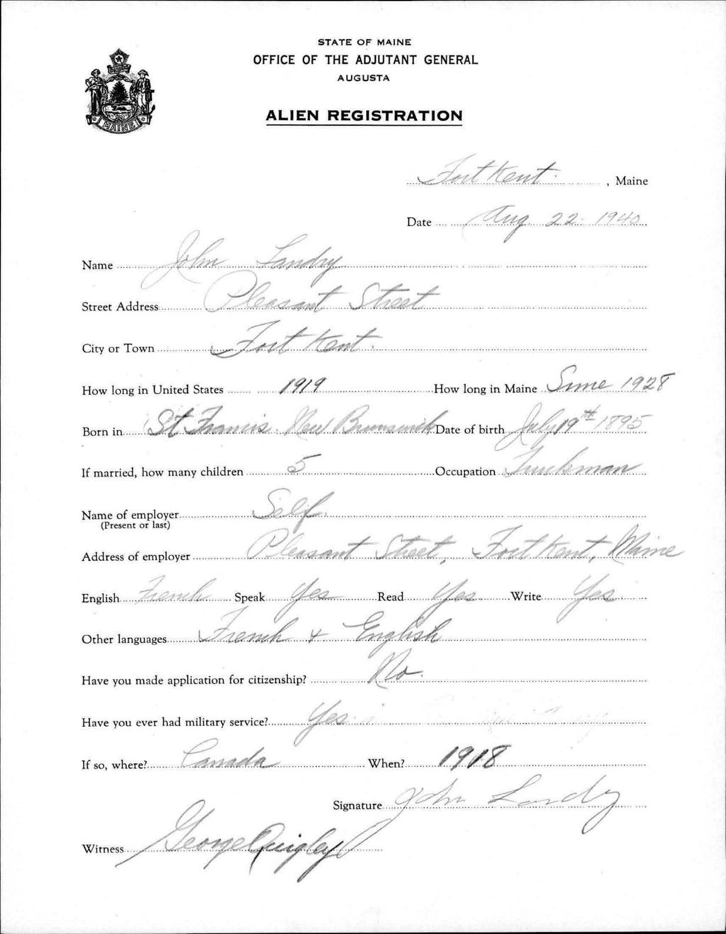 Miniature of Alien Registration- Landry, John (Fort Kent, Aroostook County)