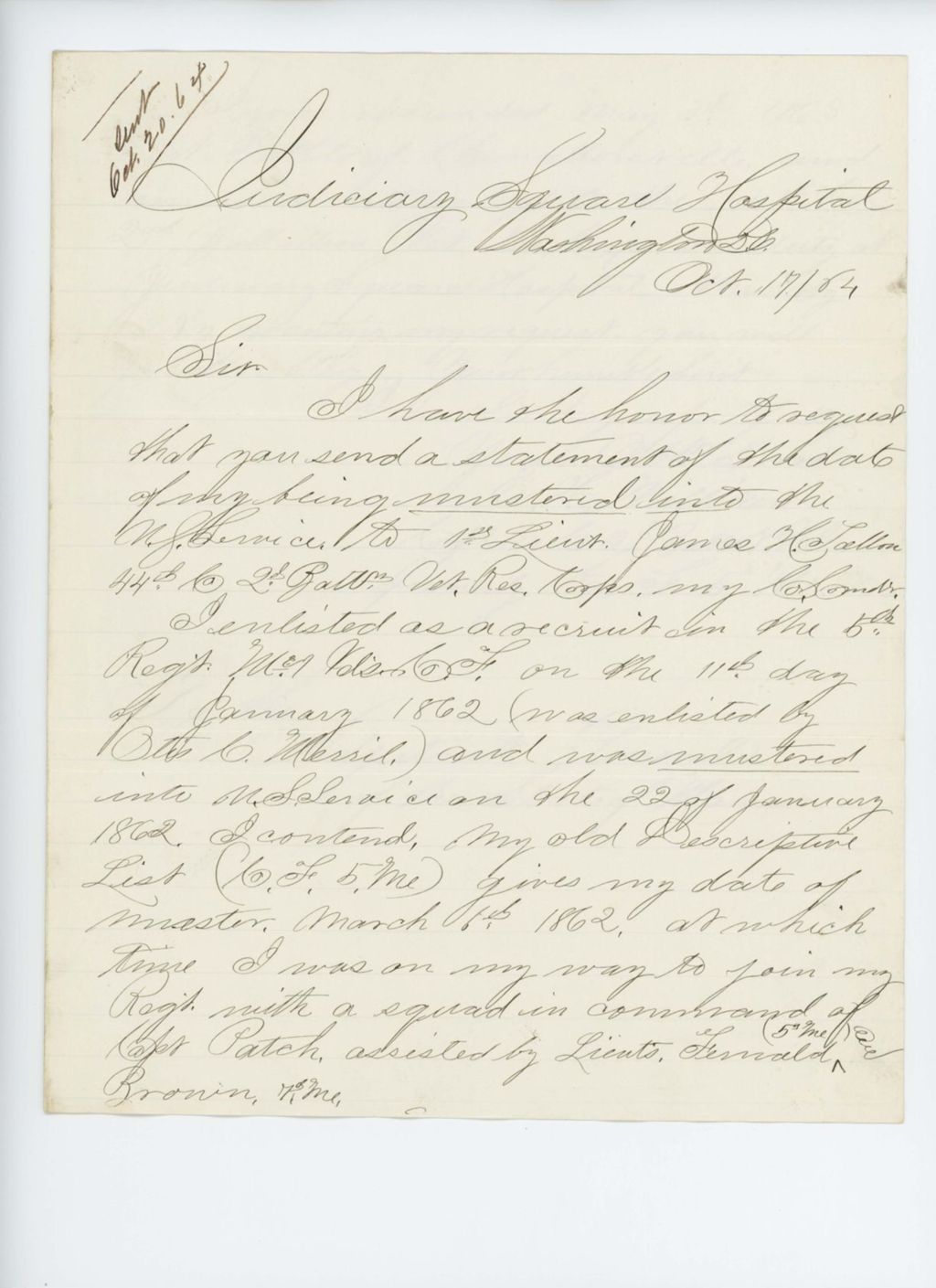 Miniature of Corporal E.H. Milliken, formerly of Company F, requests a statement of his muster date