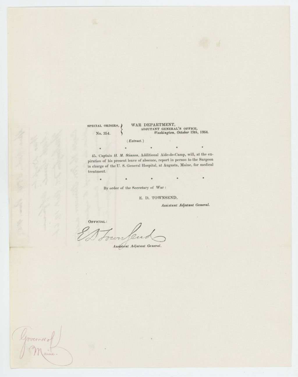 Miniature of Special Order 354 ordering Captain H.M. Stinson to report to the U.S. General Hospital for medical treatment