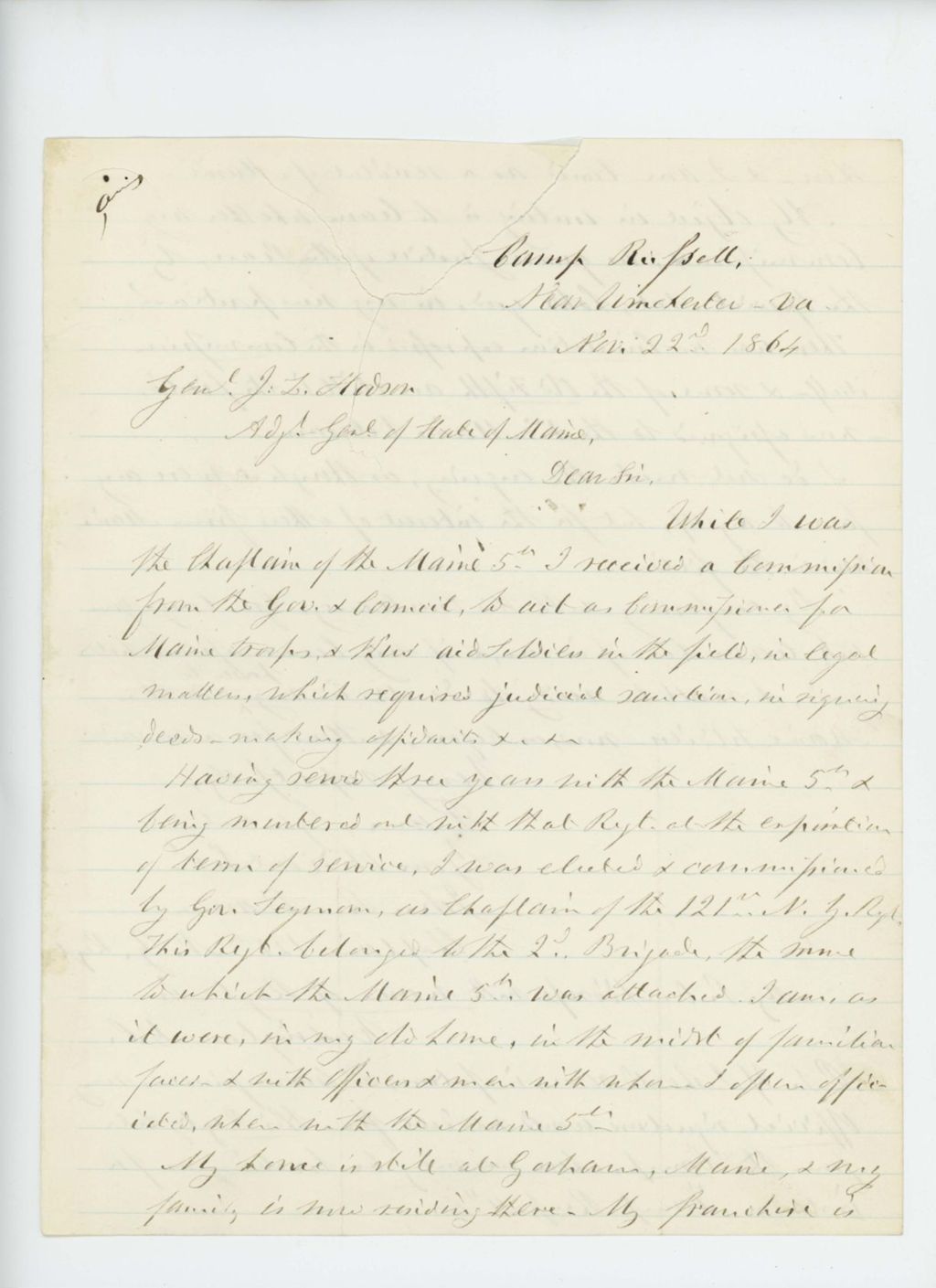 Miniature of Chaplain John R. Adams inquires if his commission as Justice of the Peace is accepted in his new position