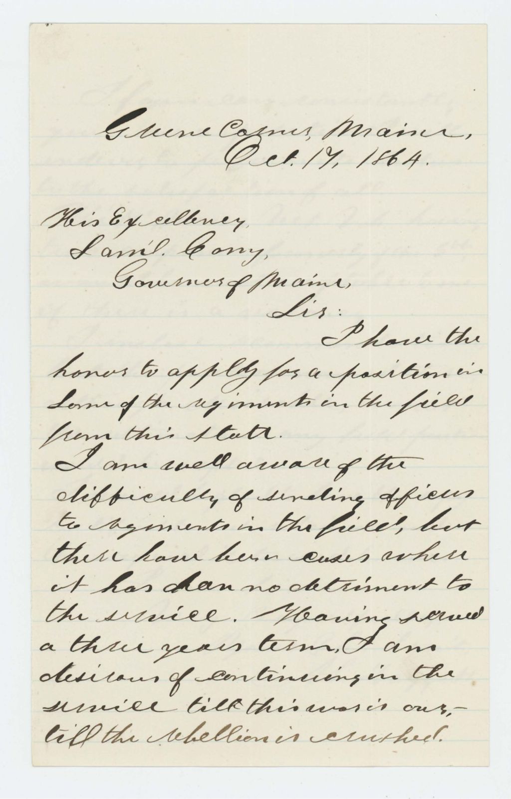 Miniature of A.S. Daggett requests a position in one of the regiments still in the field