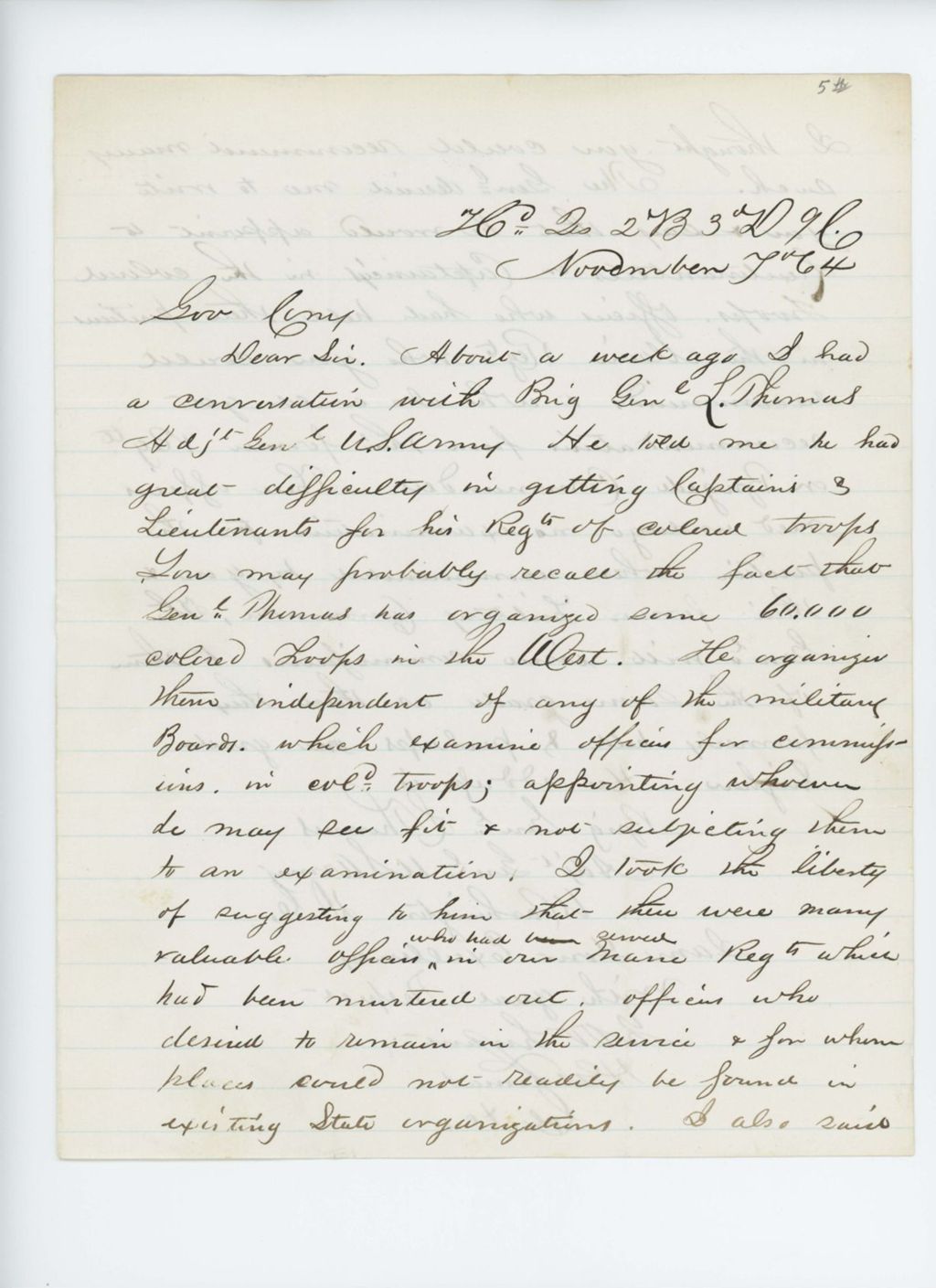 Miniature of Captain H.G. Thomas recommends appointments for officers in the Colored Troops
