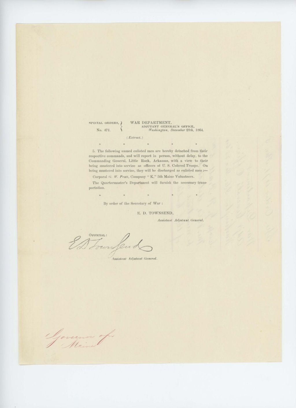Miniature of Special Order 471 detaching Corporal G.W. Pratt from Company K to muster in as officer in the U.S. Colored Troops