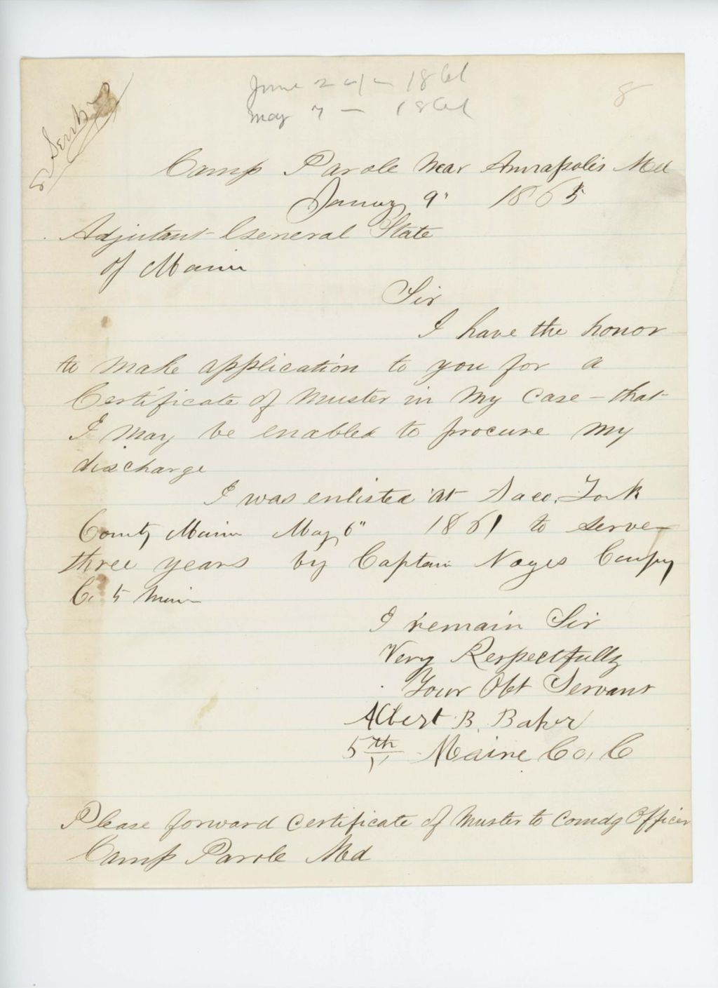 Miniature of Albert B. Baker again writes General Hodsdon for his muster certificate