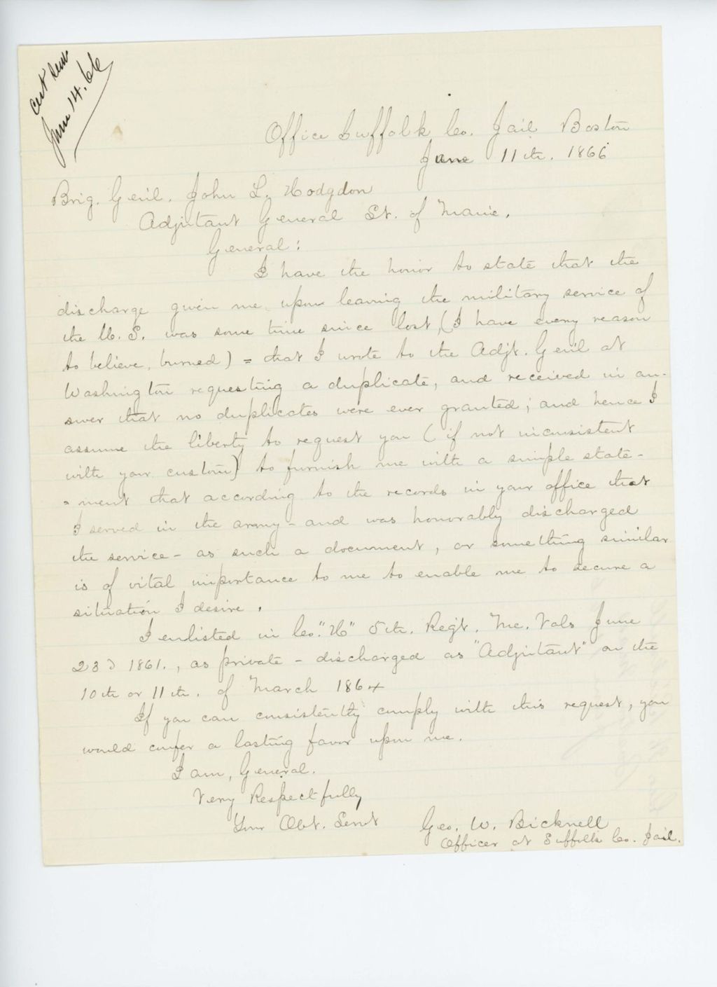Miniature of George W. Bicknell requests a copy of his discharge papers