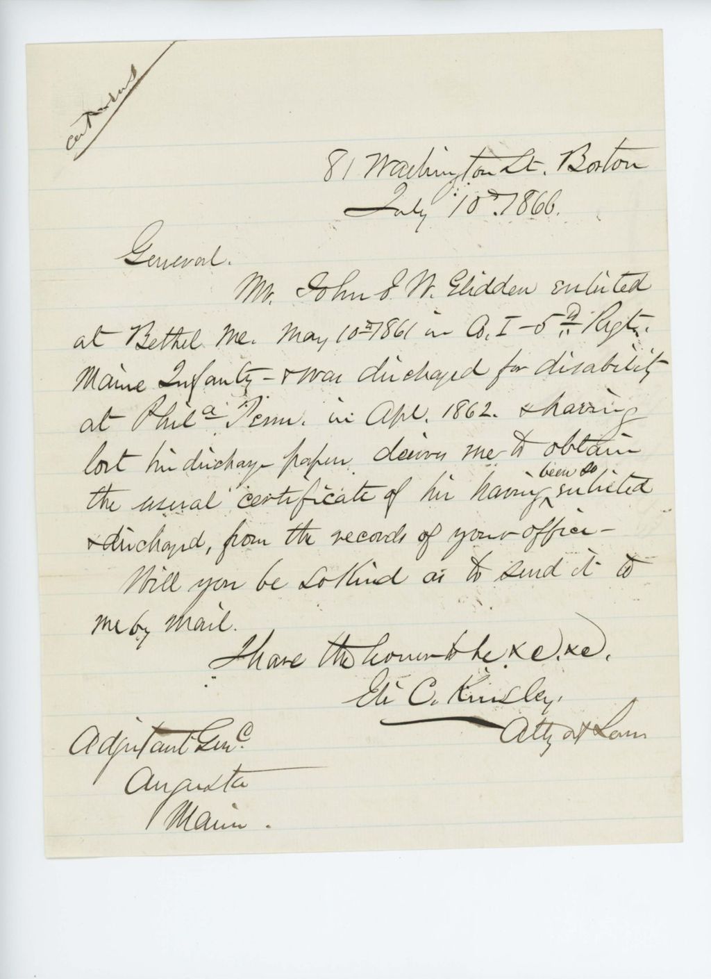 Miniature of Eli C. Kinsley requests discharge papers for John Glidden