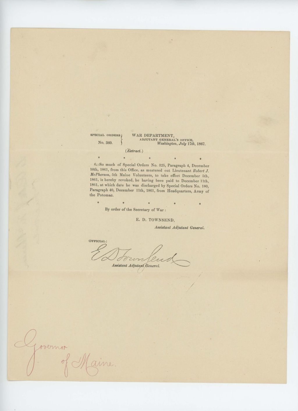 Miniature of Special Order 360 revoking Order 325 regarding Lieutenant Robert J. McPherson